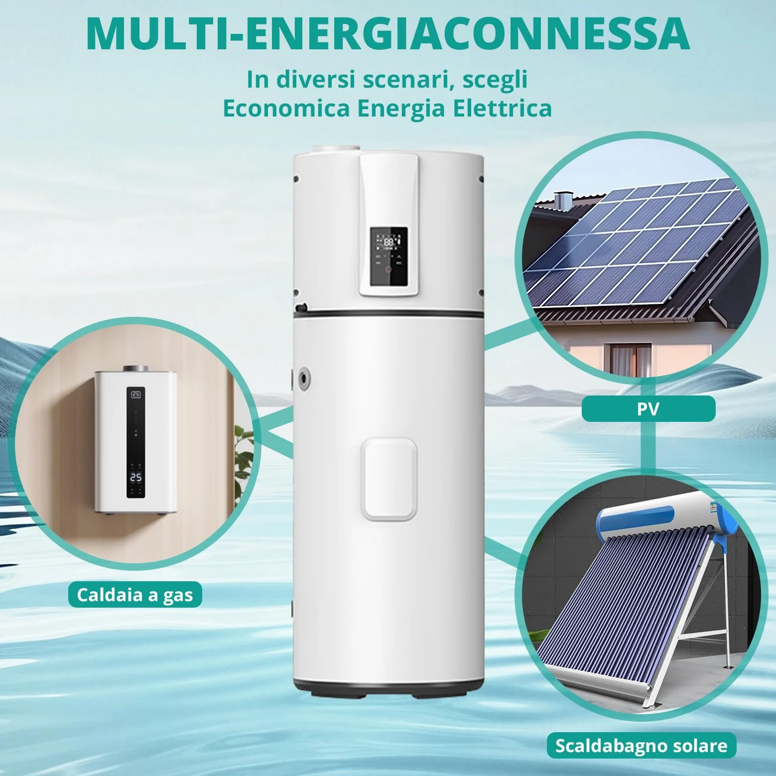 Pompa di calore verticale 240 L, R290 Pompa di calore ad aria per ville, alberghi, case vacanze, commerciali ed esterni, silenziosa 50 dB, riscaldamento rapido a 75 °C, WiFi, compatibile con solare