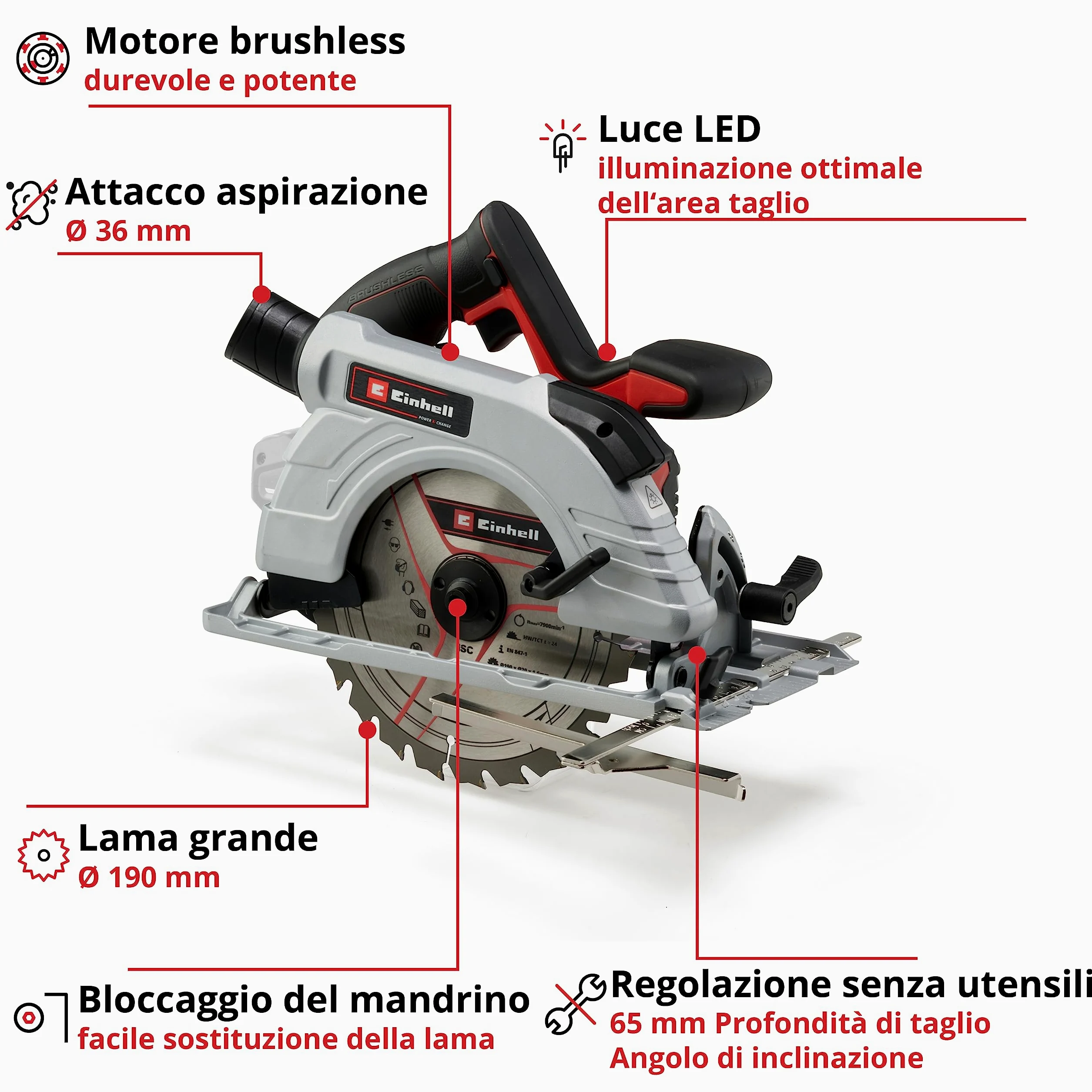 Einhell Sega circolare a batteria TE-CS 18/190 Li BL - Solo Power X-Change (18V, giri al min. 3800, lama Ø190 x Ø20,taglio max 65 mm, luce led, senza batteria e caricabatteria)