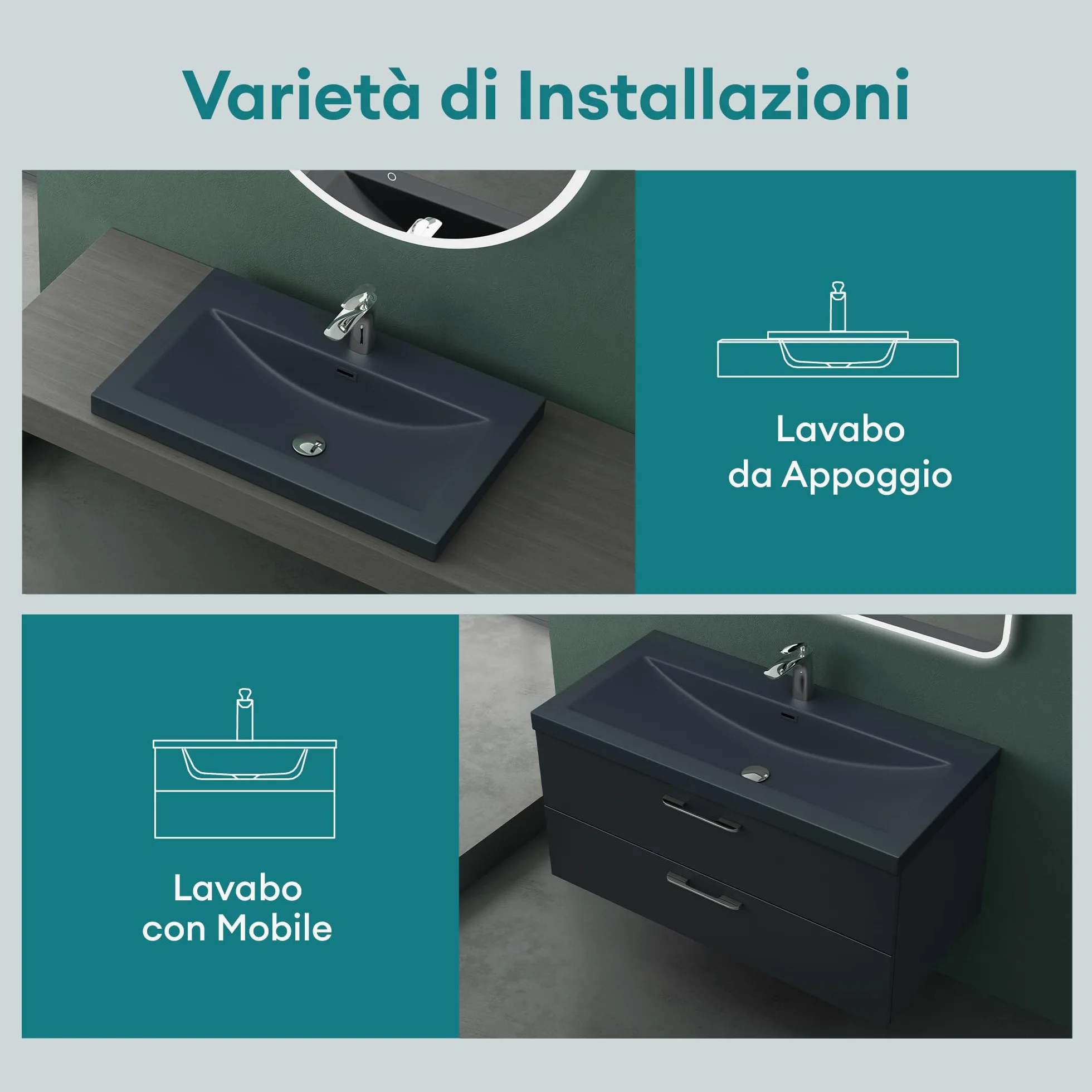 Mai & Mai Lavabo Incasso 100x48x13cm, Lavabo Sottopiano Lavandino Bagno da Marmo fuso Colossum01-1000,Antracite opaco