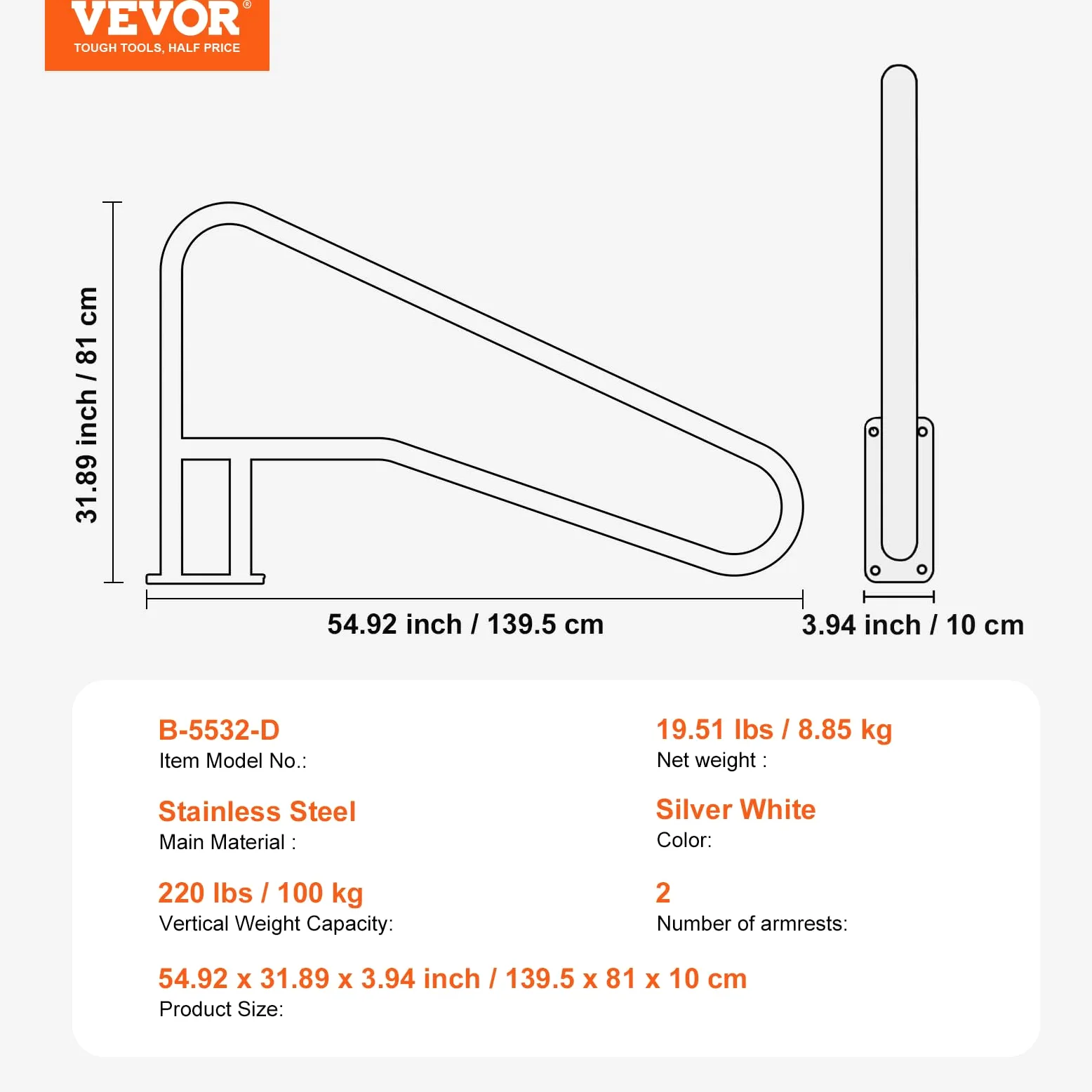 VEVOR Corrimano per Piscina, Confezione 2, Ringhiera per Piscina 1395 x 810 mm Acciaio Inossidabile con Piastra di Base per Piscine Interne Esterne, Ringhiera per Piscina per Terrazze, con Copertura