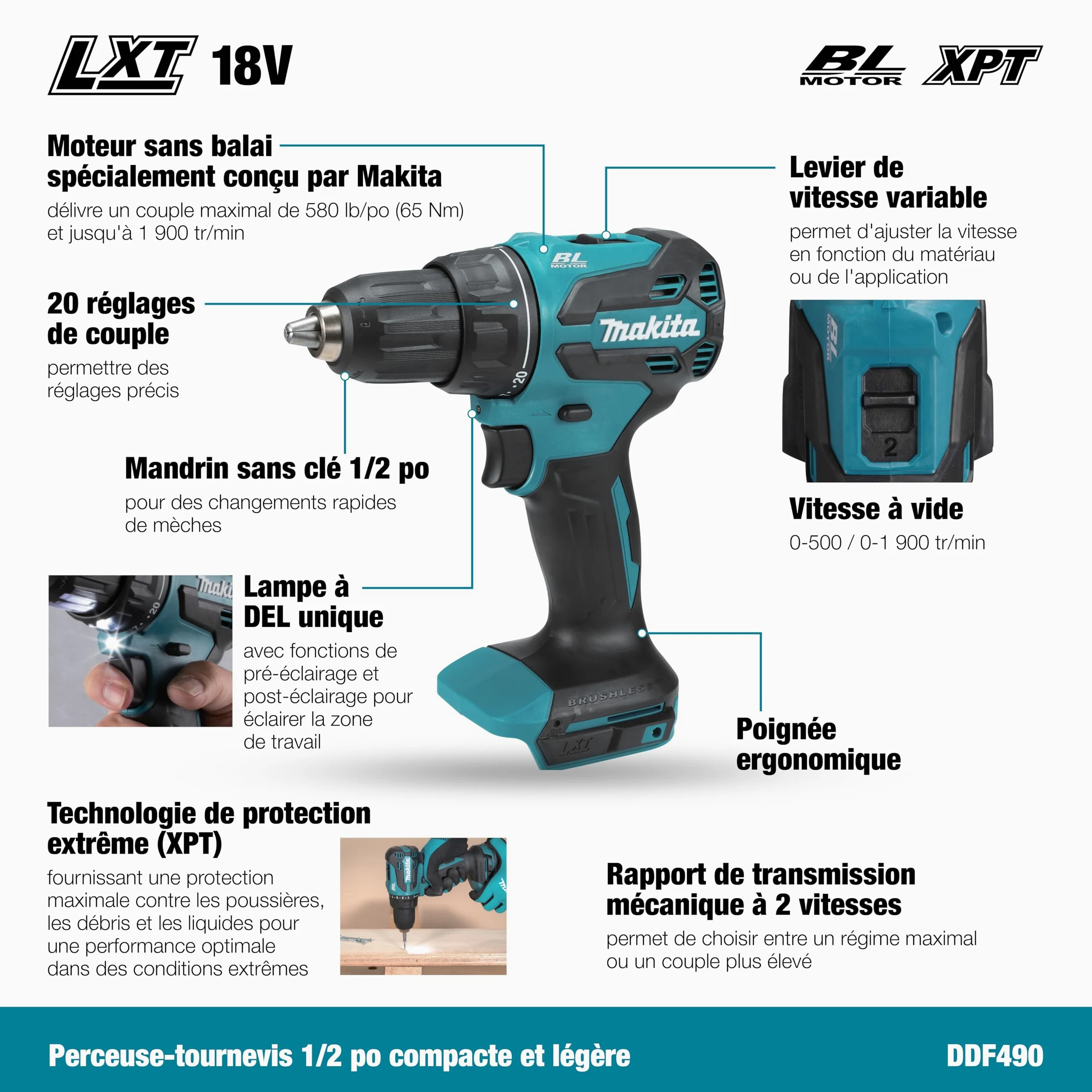 Makita DDF490Z - Trapano avvitatore LXT agli ioni di litio, 18 V, batterie e caricabatterie non inclusi