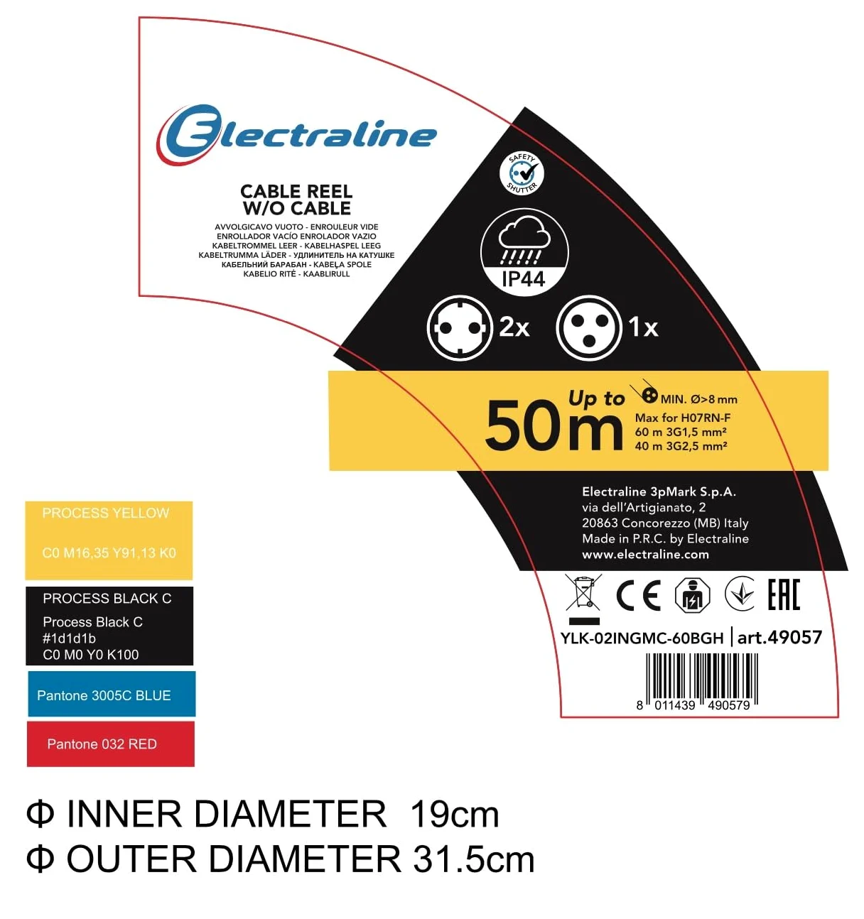 Electraline 49057 Avvolgicavo, Avvolgi-Prolunghe senza cavo in metallo antiruggine per uso Professionale, Con 2 prese Schuko + 1 industriale IEC. Maniglia eronomica + Pomello rotante