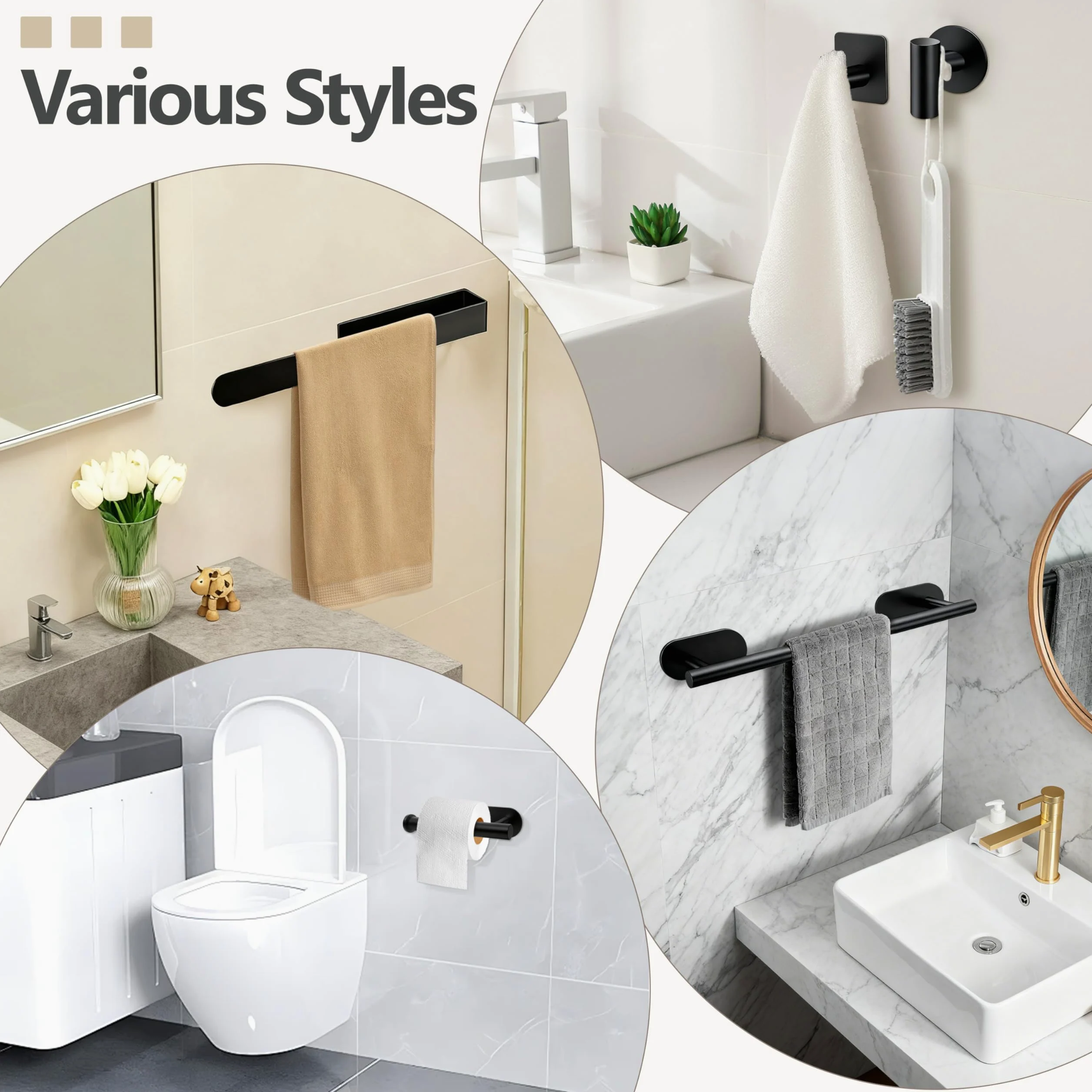 Accessori per il Bagno per Asciugamani Autoadesivi set 8PCS Acciaio Inossidabile Portasalviette da Bagno porta Carta Igienica Gancio per Accappatoio (Nero)