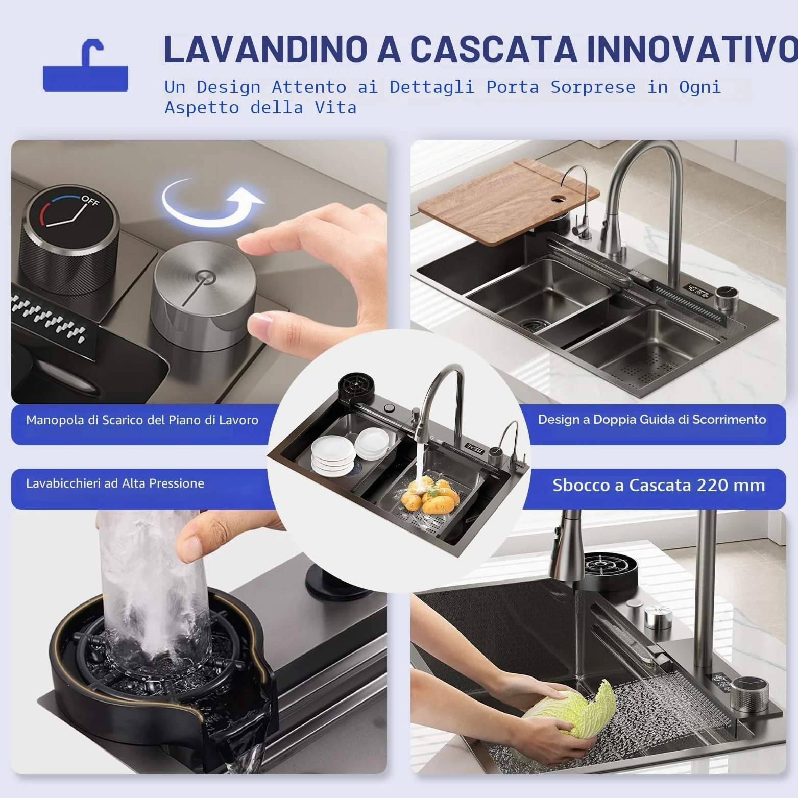 lavello cucina 85x50 da cascata nero, lavello da cucina con Può visualizzare la temperatura dell'acqua, lavello domestico set, lavandino del bar multifunzionale