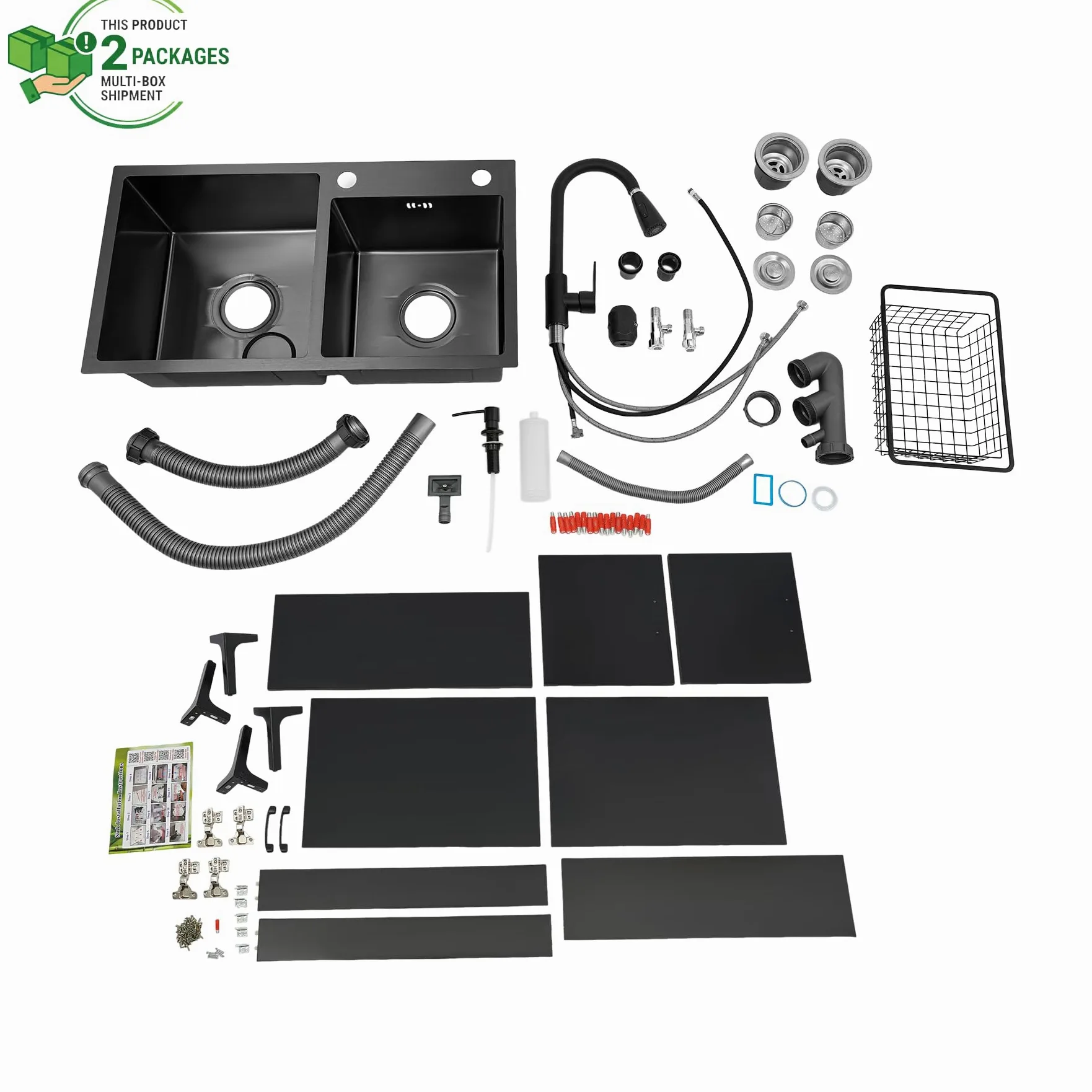 Lavello da cucina autoportante in acciaio inox con 2 vasche da 75 x 41 cm, lavello nero con rubinetto estraibile e mobiletto inferiore, per cucina domestica, giardino, esterni, lavanderia