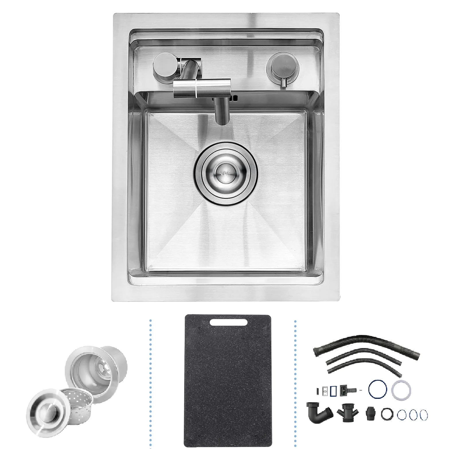 Lavello da Cucina/Bar a Scomparsa, 30 x 45 cm con Rubinetto Pieghevole, Lavello Sottotop Nascosto in Acciaio Inox con Tagliere, Postazione di Lavoro a Vasca Singola per Piccole Cucine e RV, Argento