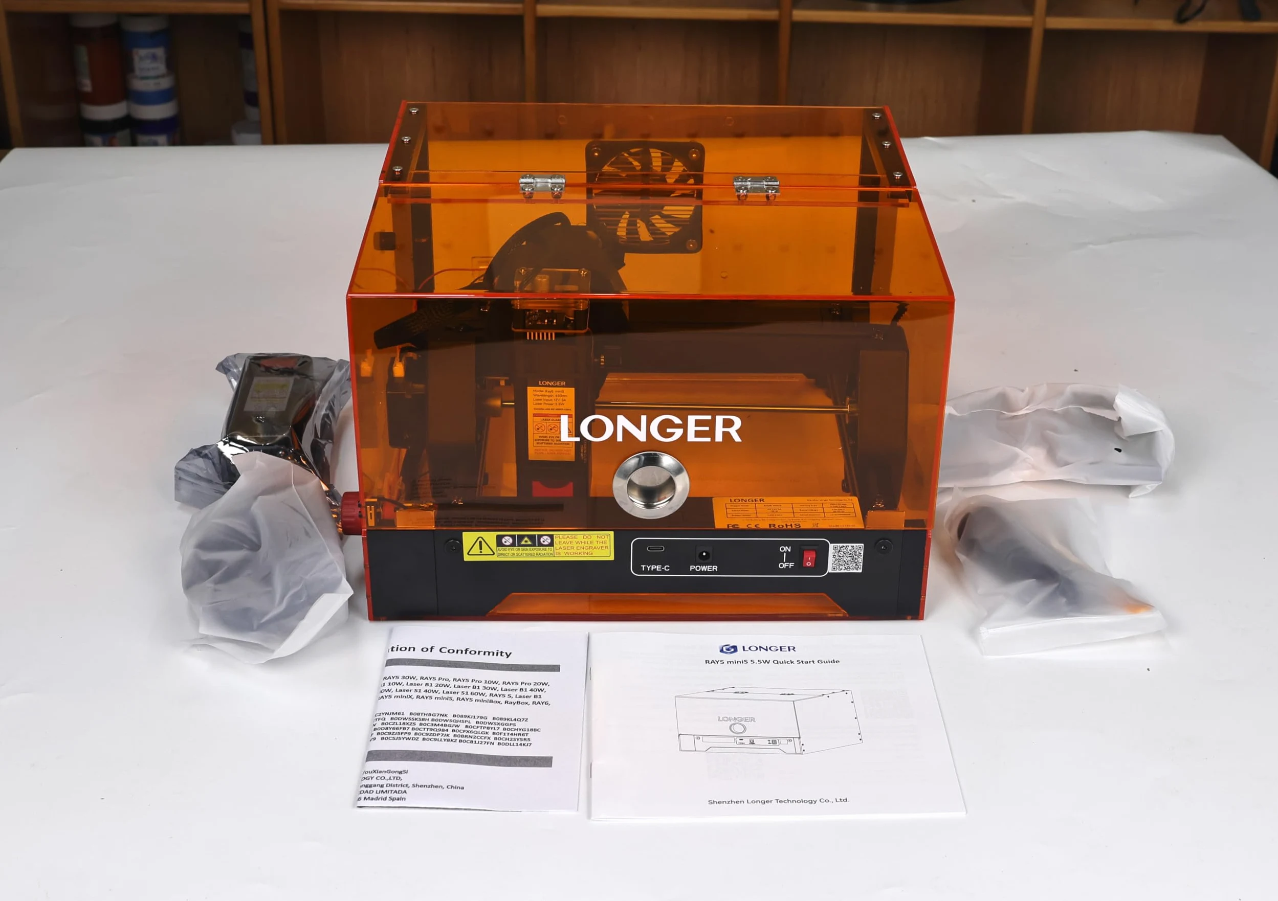 LONGER Ray5 miniS Incisore Laser, Incisore e Taglierina Laser 5,5W Classe 1 con Carcassa Protettiva, WiFi, Arresto Emergenza, per Legno, Metallo, Acrilico e Pelle, 130 x 120 mm