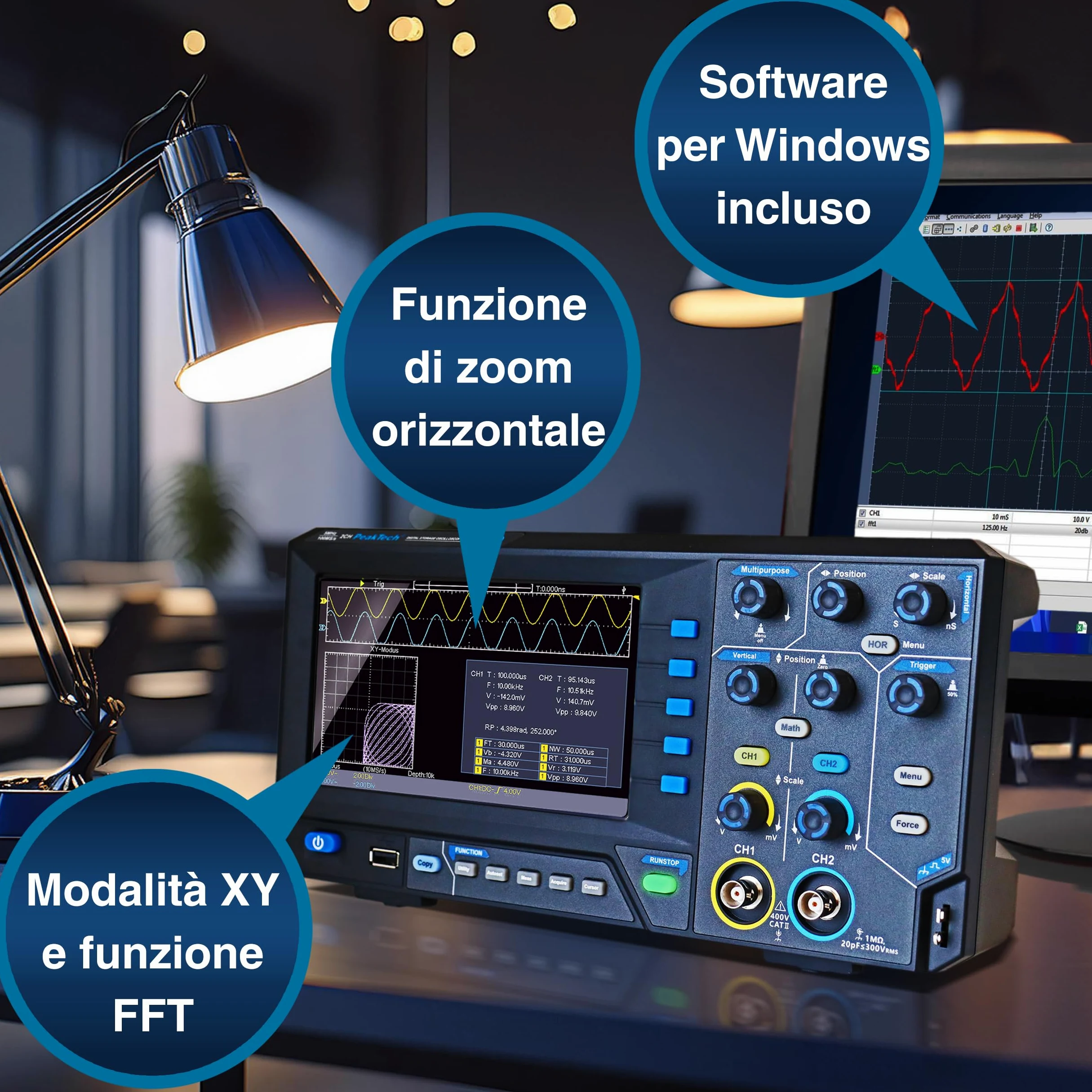 PeakTech 1402 - Oscilloscopio digitale a 2 canali [3 anni di garanzia] 20 MHz, 250 MS/s, interfaccia USB, software PC, Oscilloscopio P 1402, nero, oscilloscopio USB, oscilloscopio multimetro