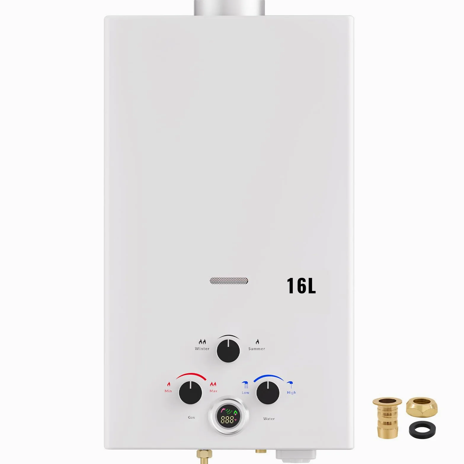 Scaldabagno a Gas 16L, All'aperto Portatile Scaldabagno Istantaneo a Propano con Display Digitale Multi-Protezione, Parete senza Serbatoio Scaldacqua Istantaneo Automatico, bianco
