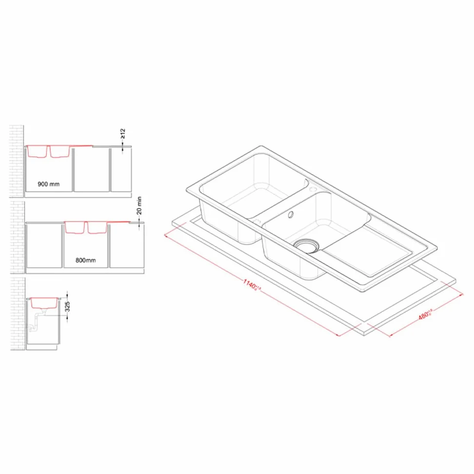 Elleci LG250040 Life 500 - Lavello da cucina, 2 vasche, gocciolatoio, 116x50 cm, Nero