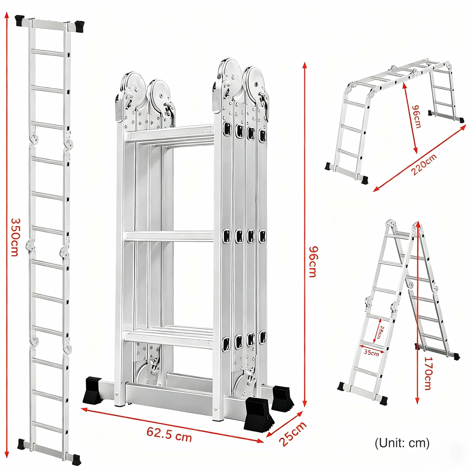 OUTIGO Scala multiuso 4x3, scala pieghevole in alluminio 7 in 1 con 2 ruote, scala multiuso per uso domestico a 12 gradini, portata massima 150 kg,