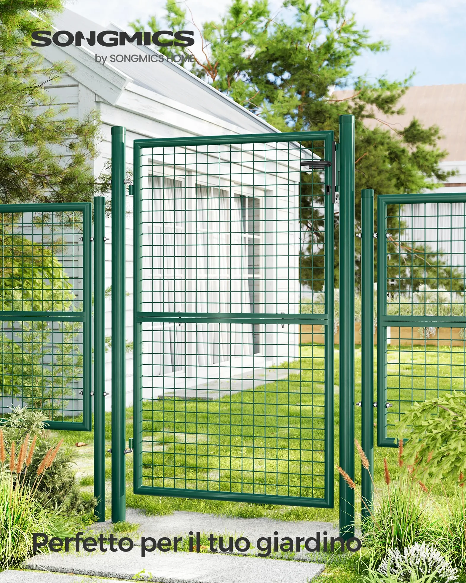 SONGMICS Cancello da Giardino, Cancelletto da Giardino, Acciaio Zincato con Serratura, Porta di 106 x 150 cm (L x H), Tubo Tondo, Cancello per Recinzione, Verde GGD200G