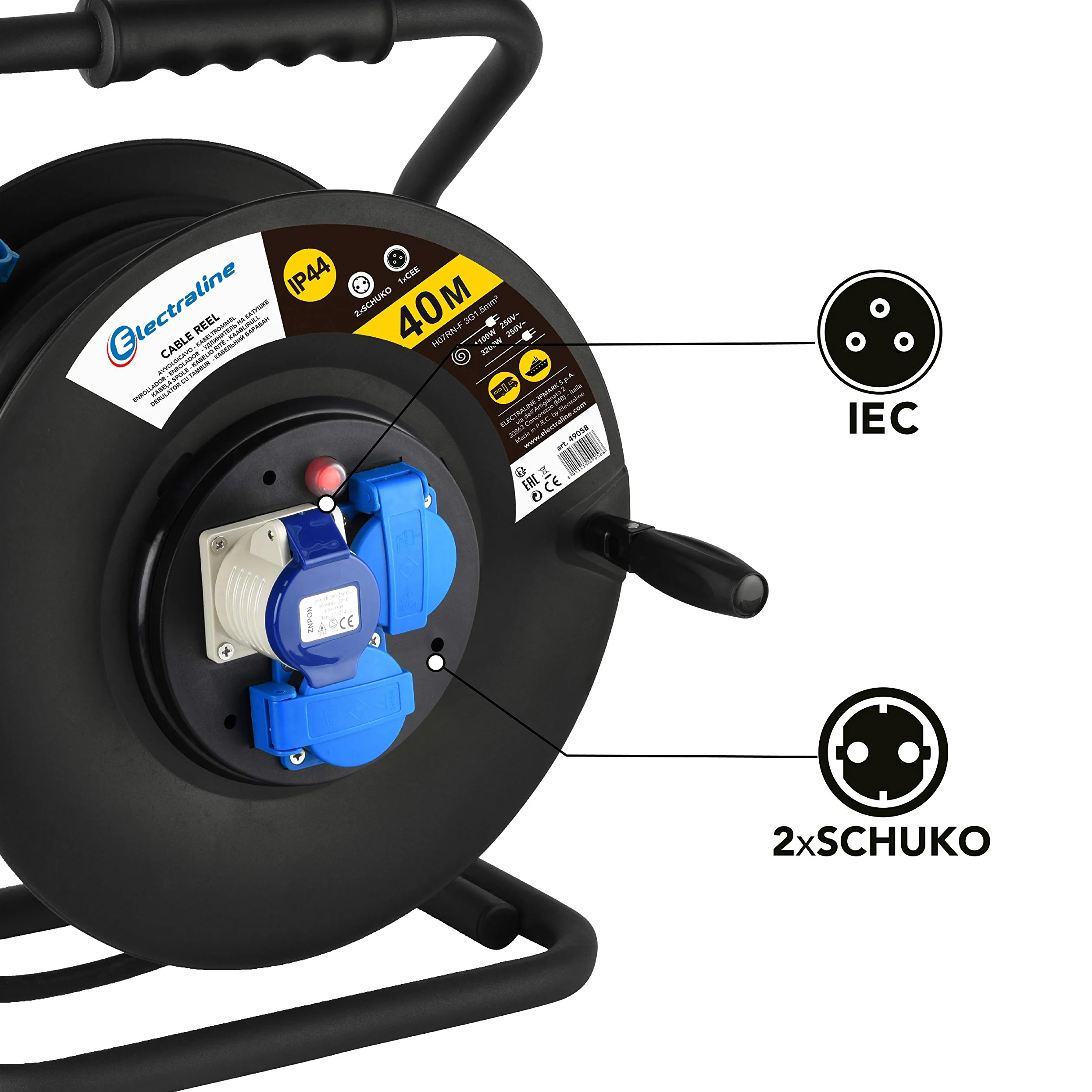 Electraline 49059 Prolunga in Gomma 3G2.5 mm² con Avvolgicavo, 2 Prese Industriali IEC e 1 Schuko Spina a 3 Poli Adatto per Camper, Campeggio, Caravan, Barca, Cantiere, Nero, 40 m