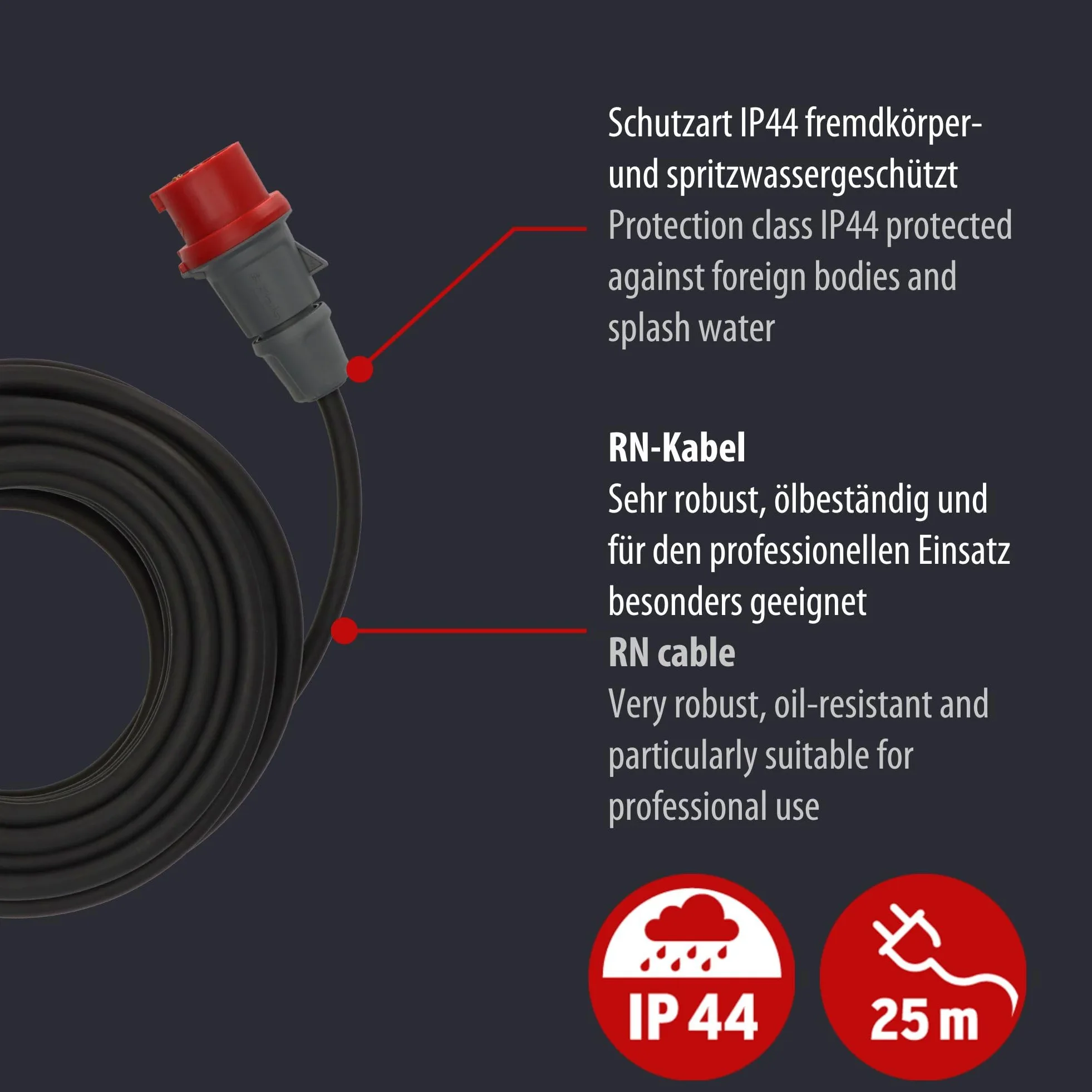 Brennenstuhl 1167720 Prolunga 25 m CEE 5 poli IP 44, Nero/Rosso