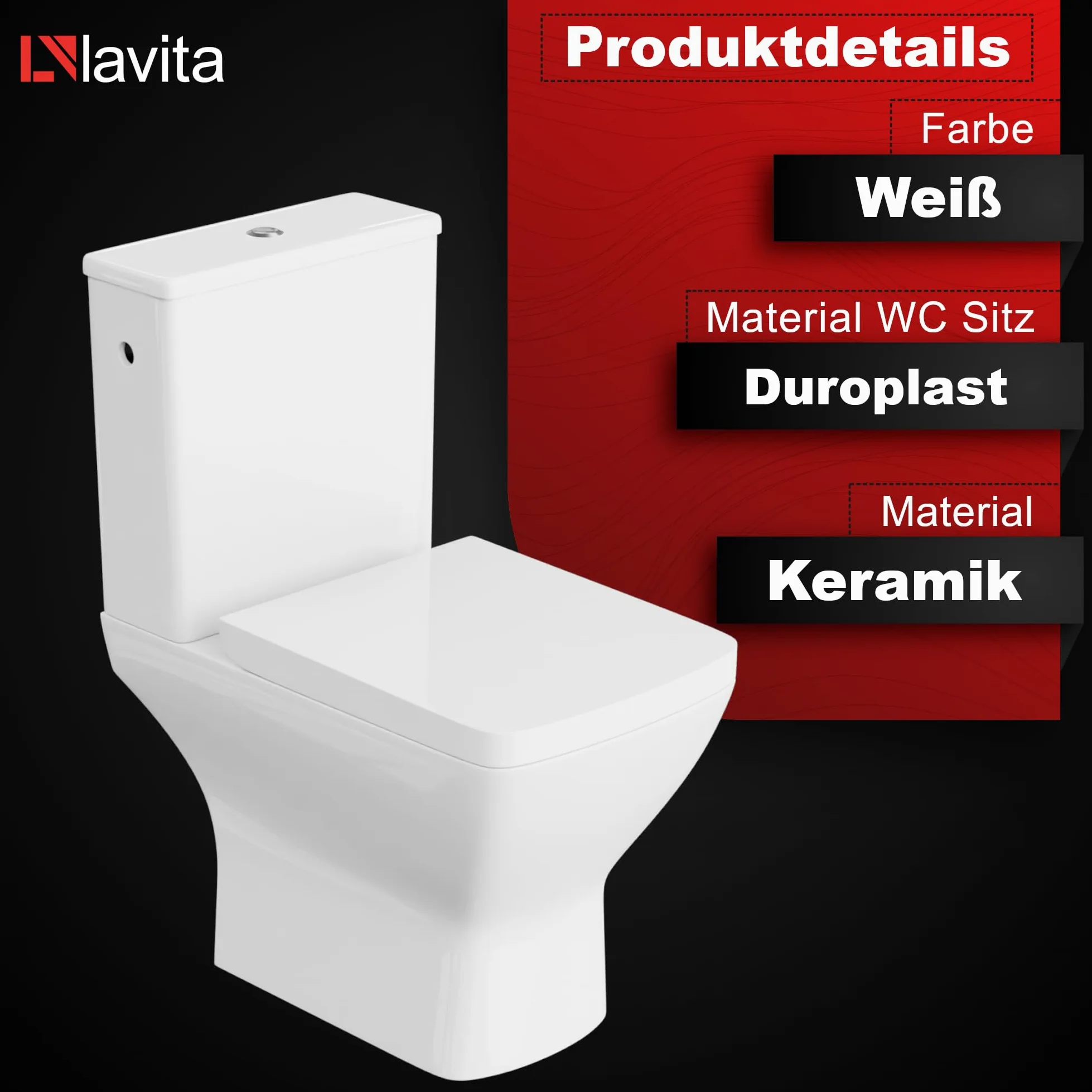 LAVITA WC a pavimento monopezzo con cassetta di risciacquo incorporata, coperchio WC con abbassamento automatico in ceramica, senza bordi