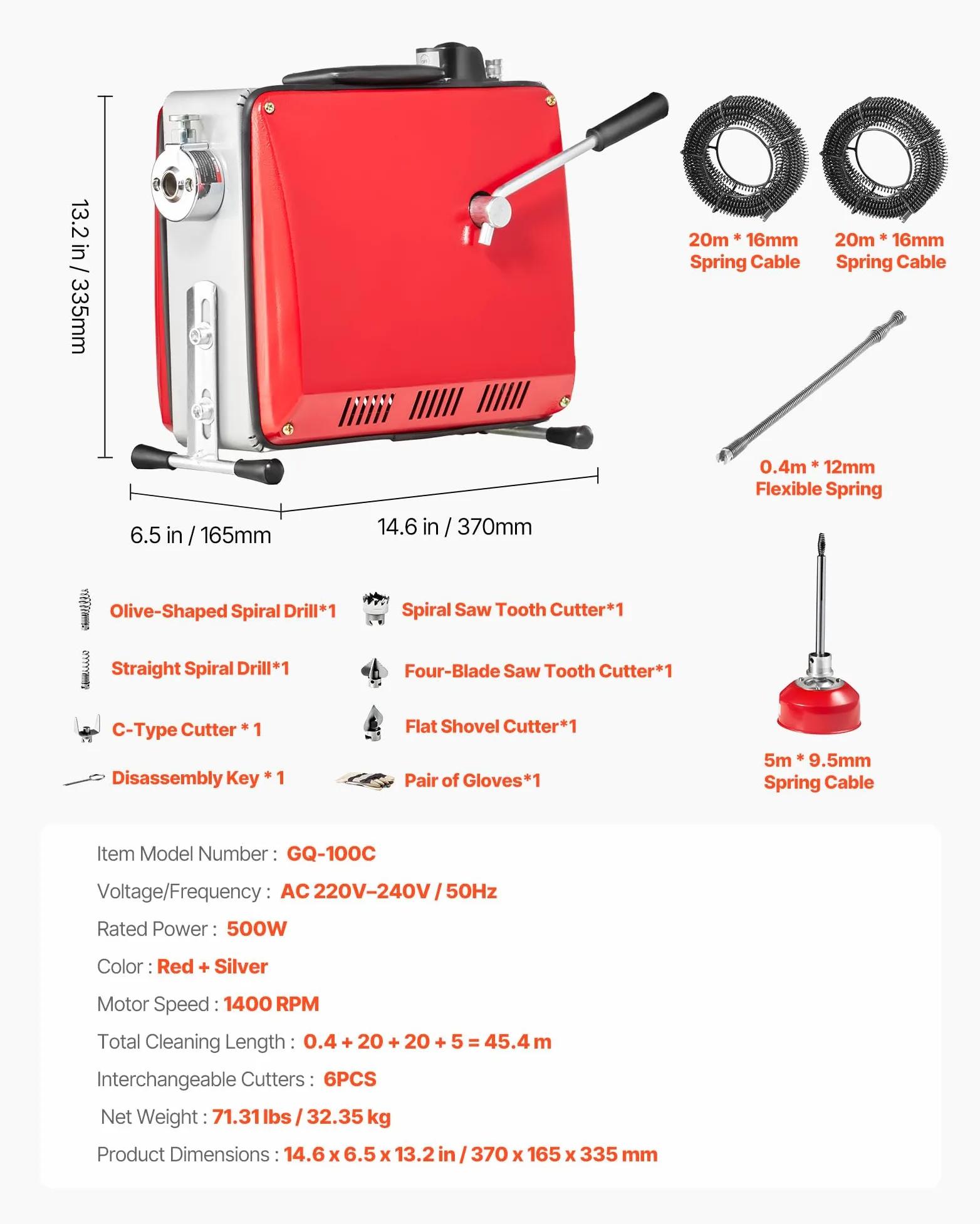 VEVOR Macchina Sturatubi Elettrica per Scarico di Tubi, 500 W, 1400 giri/min, con Cavo a Molla in Acciaio, Pulitrice per Tubi di Scarico con 6 Taglierine Diametro 50-110 mm, Docce, Bagno, Cucina