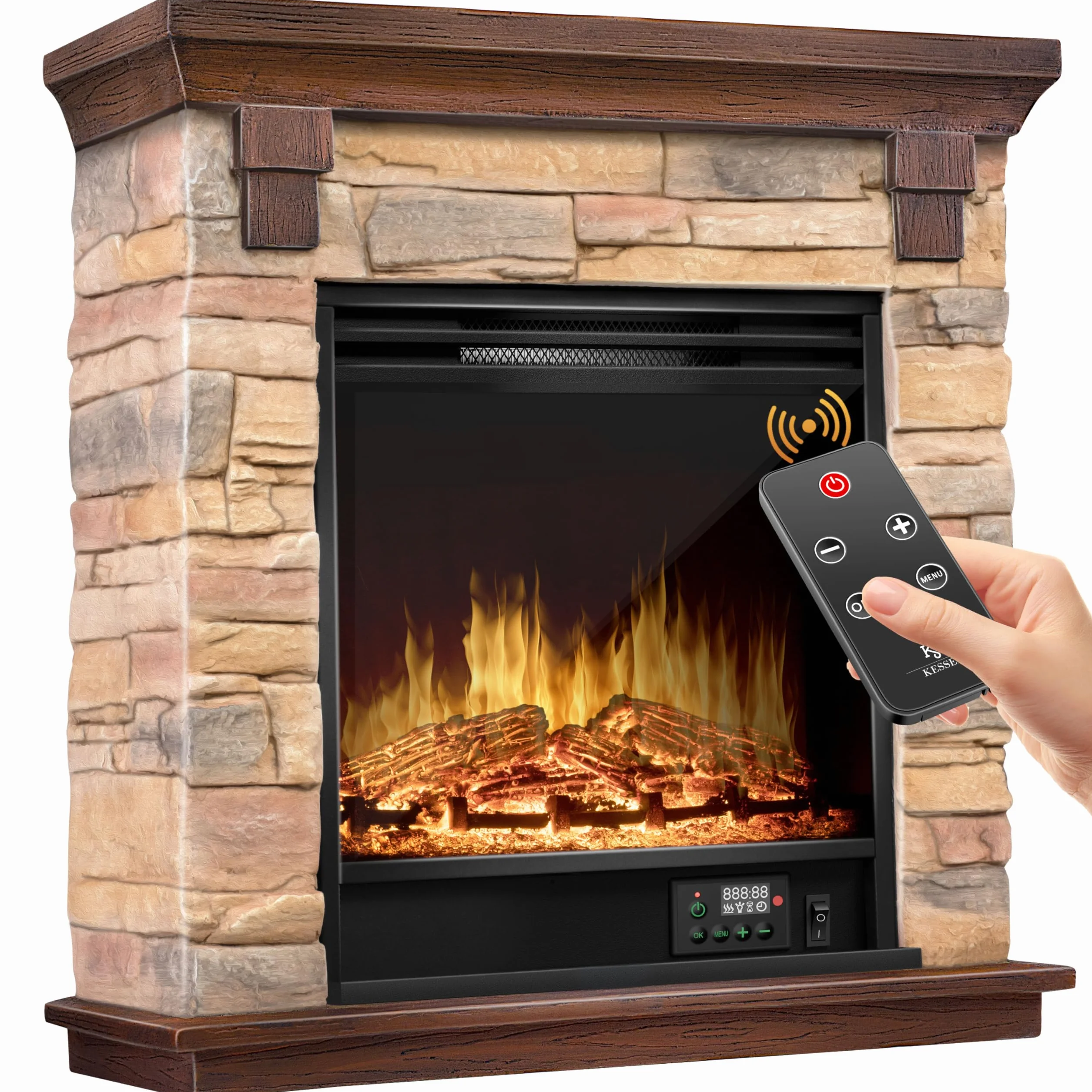 KESSER® Caminetto elettrico Casminetto da appoggio - Caminetto con effetto fiamma LED 3D, con funzione di riscaldamento, caminetto con potenza 1800W, (Natur/Braun)