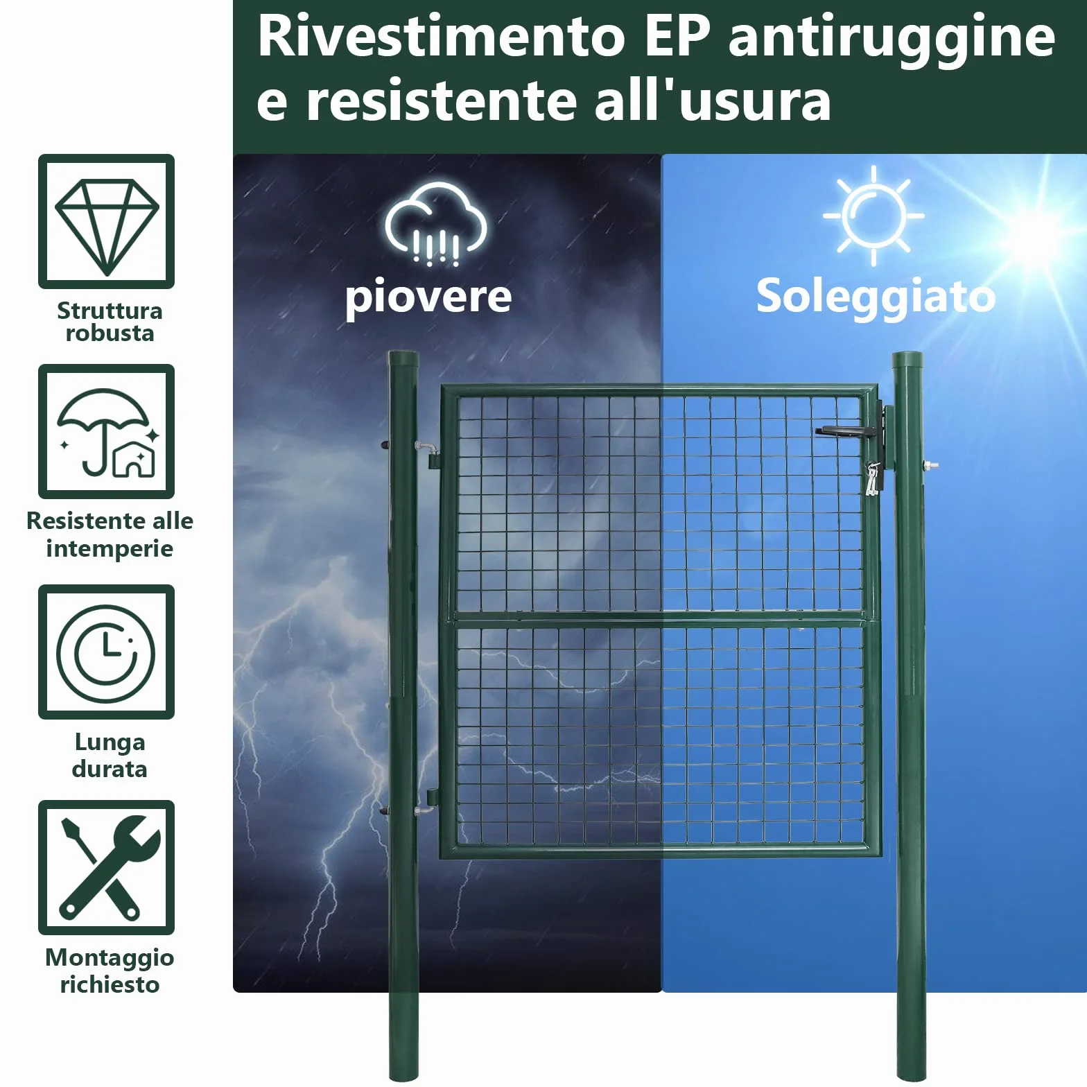 Daromigo Cancello da giardino, 150 x 100 cm, robusto, in acciaio zincato, per recinzione da giardino, con manico, serratura e 3 chiavi, colore: verde