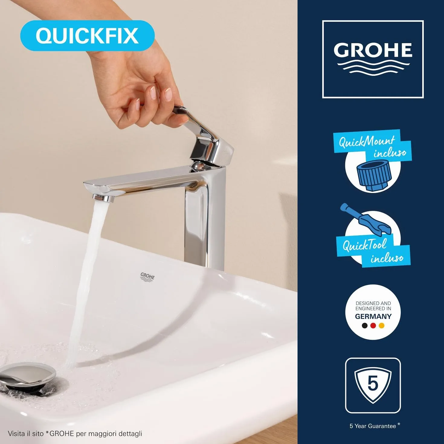 GROHE Dice Rubinetto miscelatore a corpo liscio per lavabo da appoggio (XL-Size 270 mm, cartuccia ceramica 28 mm, risparmio idrico, facile da installare), cromo, 1018920000