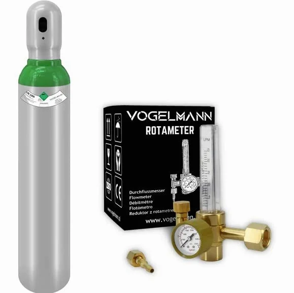 Bombola Gas Argon 4.8 piena 8L 1,5m3 con Regolatore Rotametro Vogelmann, servizio gas, set cilindro saldatore del gas