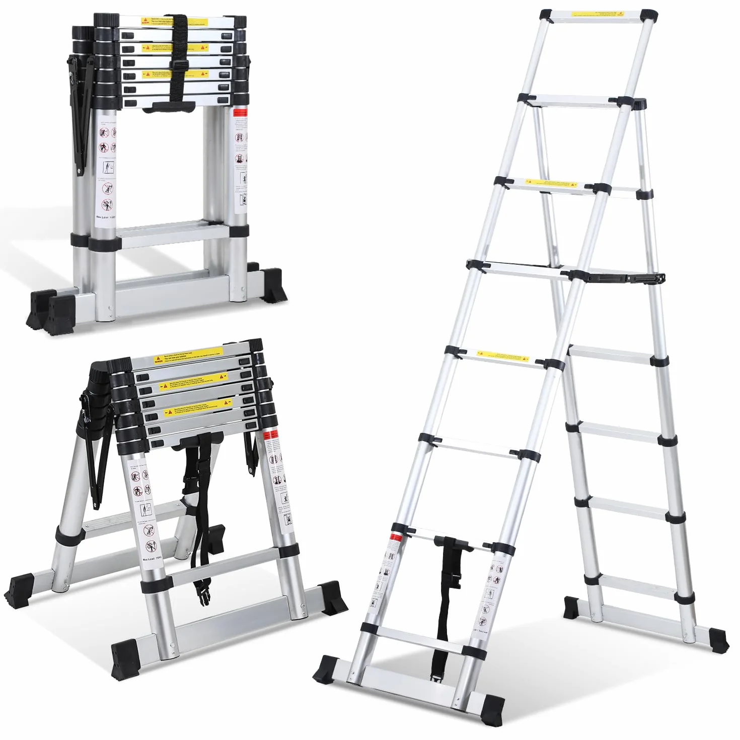 Lospitch - Scala telescopica pieghevole, 2 + 2,3 m, in alluminio, antiscivolo, multiuso, allungabile, telaio ad A, 6+7 pioli, portata 150 kg
