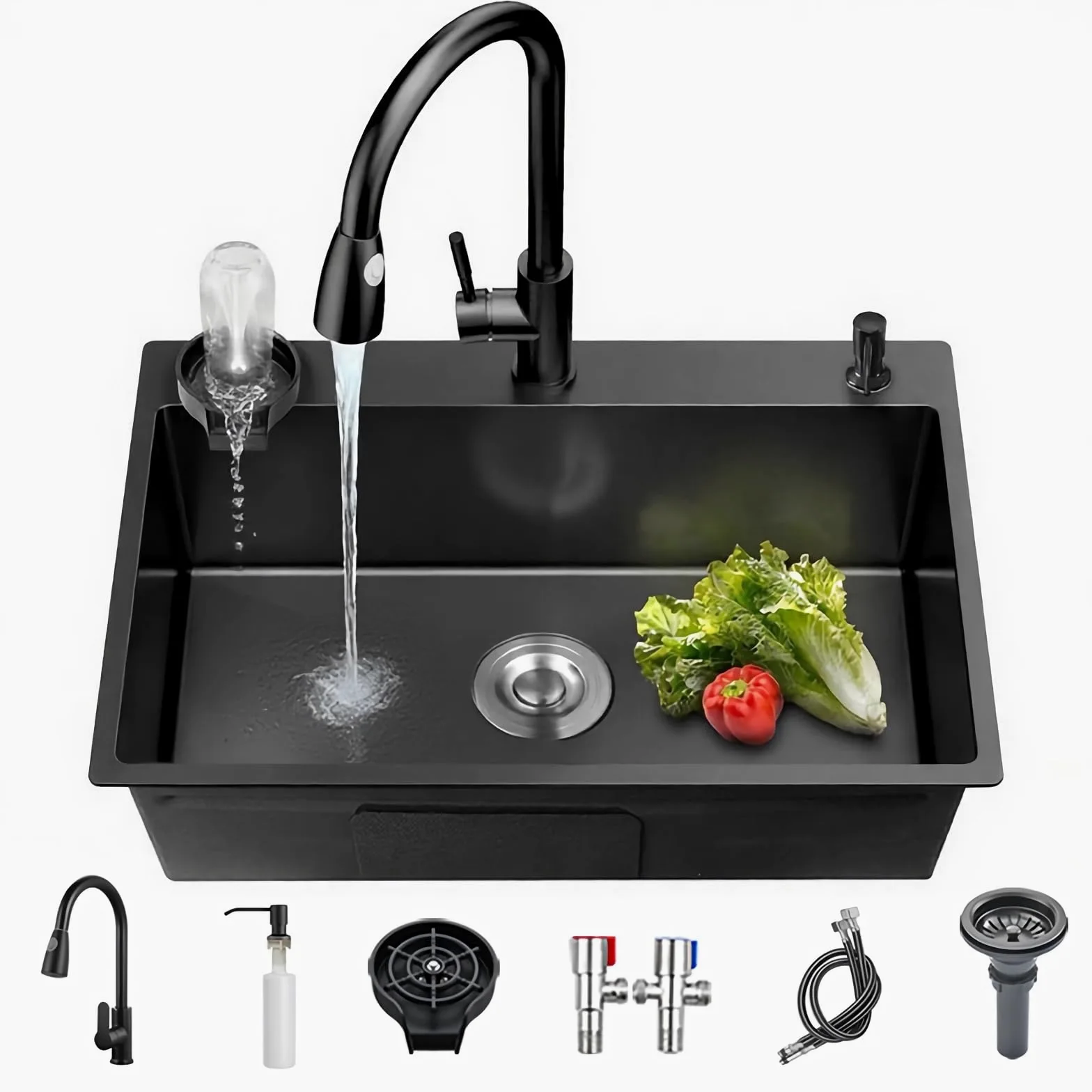 Lavello da cucina in acciaio inox nero con montaggio sotto piano di lavoro piccolo lavello da cucina con accessori per scolapiatti, adatto per cucine, roulotte, bar e ripostiglio