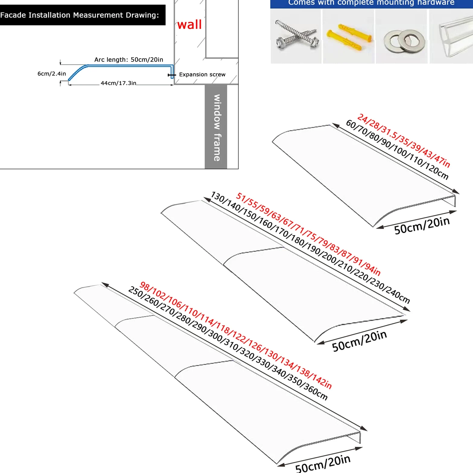 Pensilina Tettoia per Porta e Ingresso,Tenda da Veranda Pensilina in Policarbonato Trasparente ad Arco,Garden Pensilina da Esterno for Finestra,con Accessori,62 Dimensioni (50x160cm/20"x63")