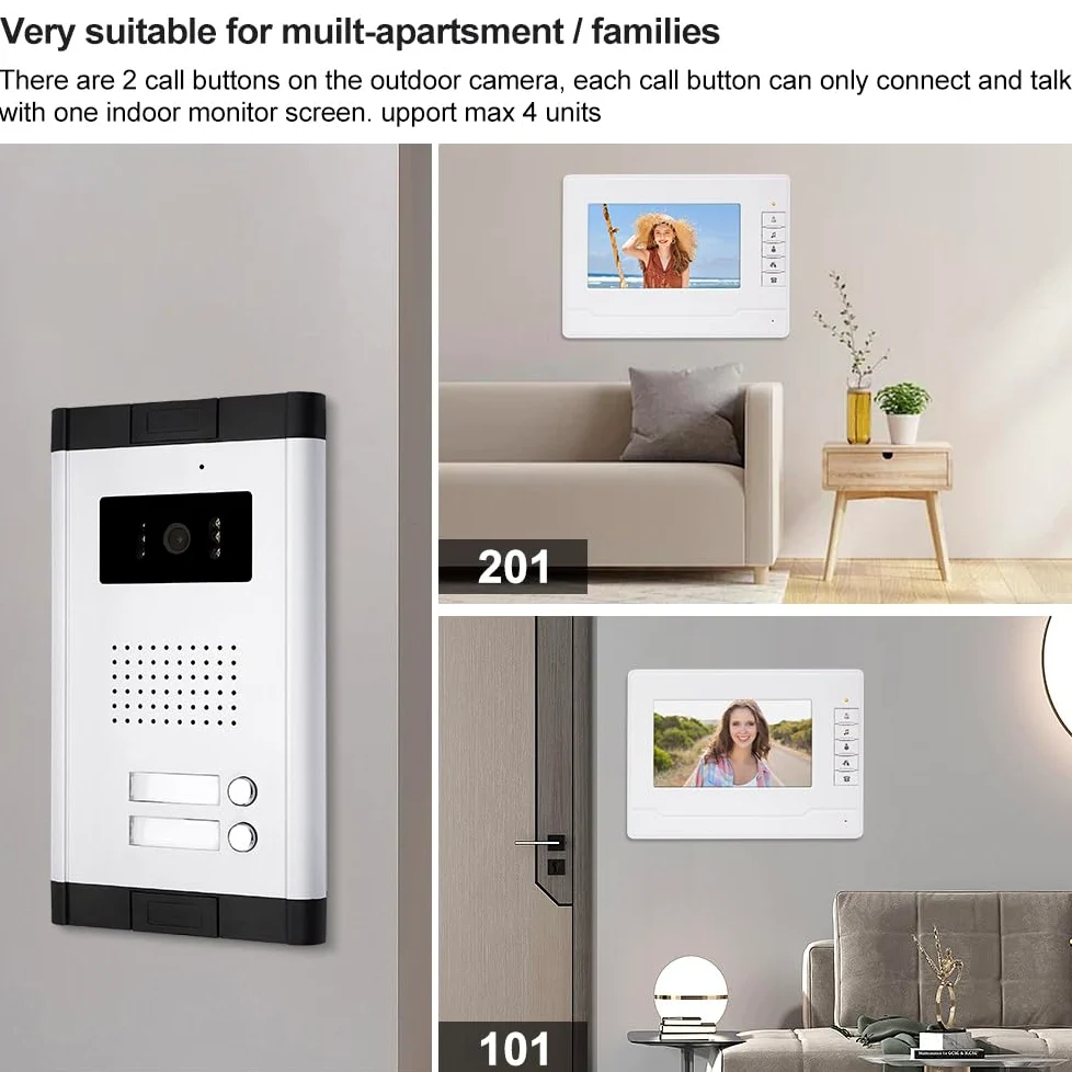 Due Vie Audio Porta Video Citofono con Schermo da 7 pollici Videocitofono Citofono Campanello per Casa/Sppartamento per 2 Casa