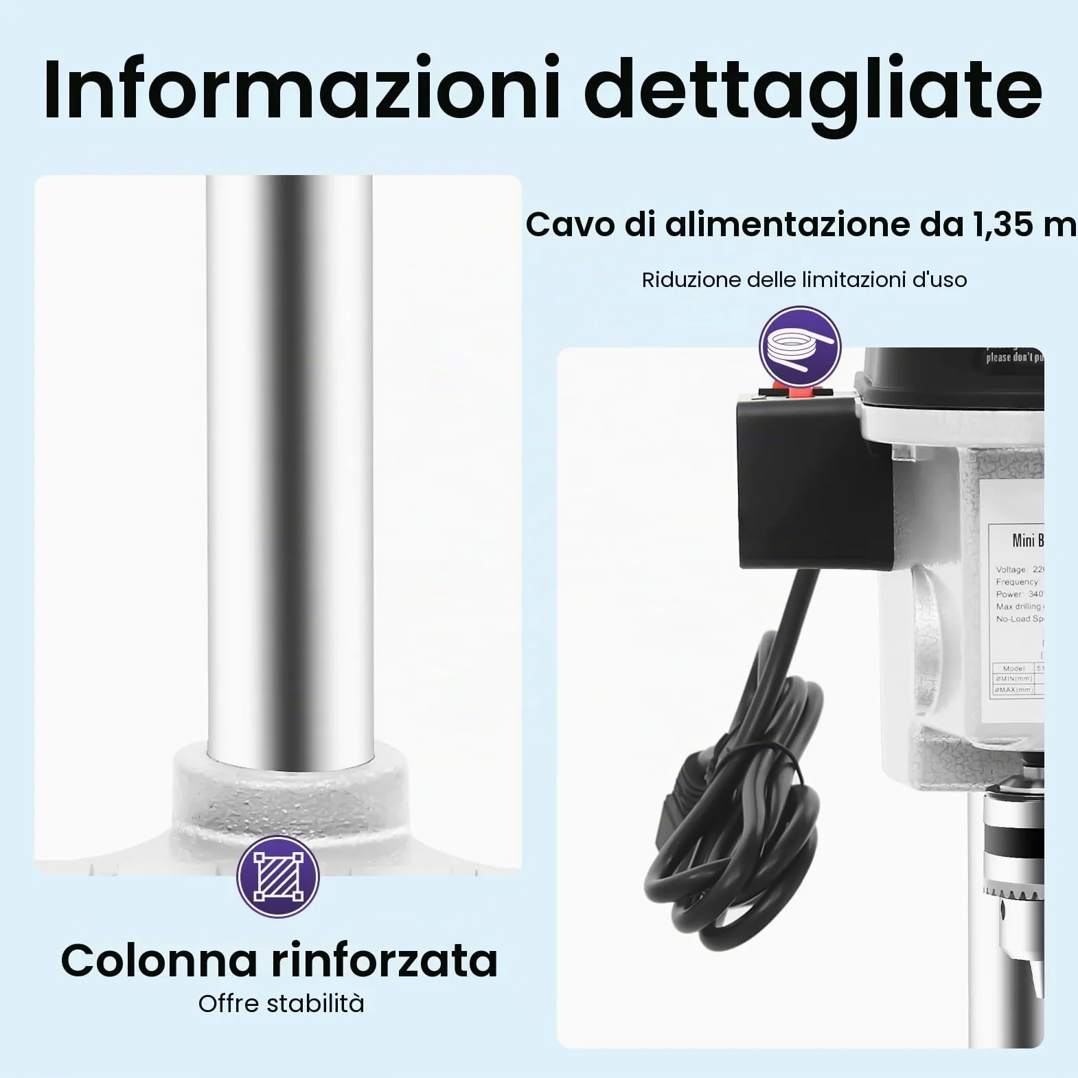 Mini trapano a colonna, 340 W, trapano da banco, con cavo, portatile, con velocità completamente regolabile, per la perforazione di ferro, materiali compositi e altri materiali non duri