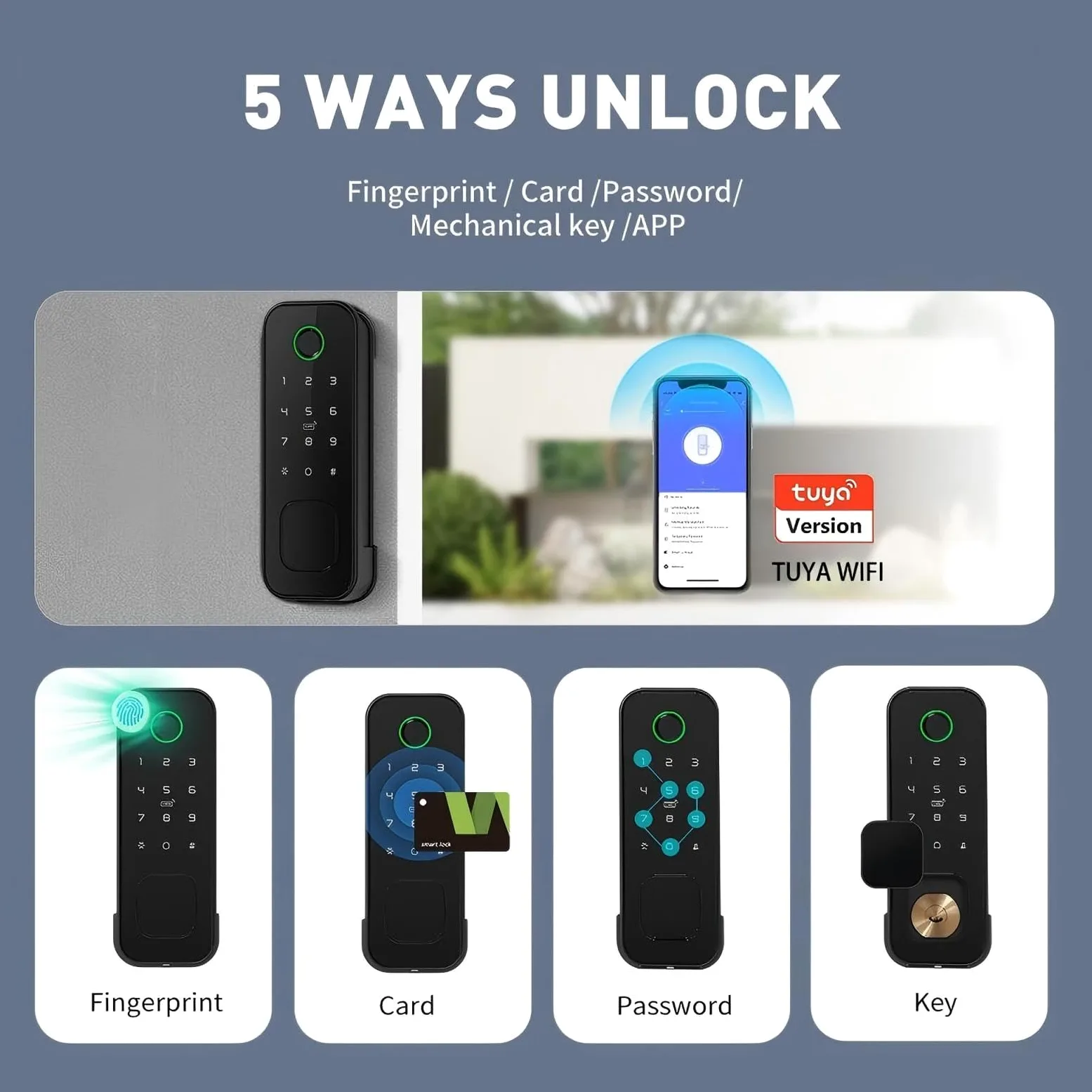 Serratura Smart da Esterno Impermeabile IP66 - Accesso con Impronta Digitale e Tessera su Entrambi i Lati - 5-in-1 con WiFi per Cancelli da Giardino (Nero)