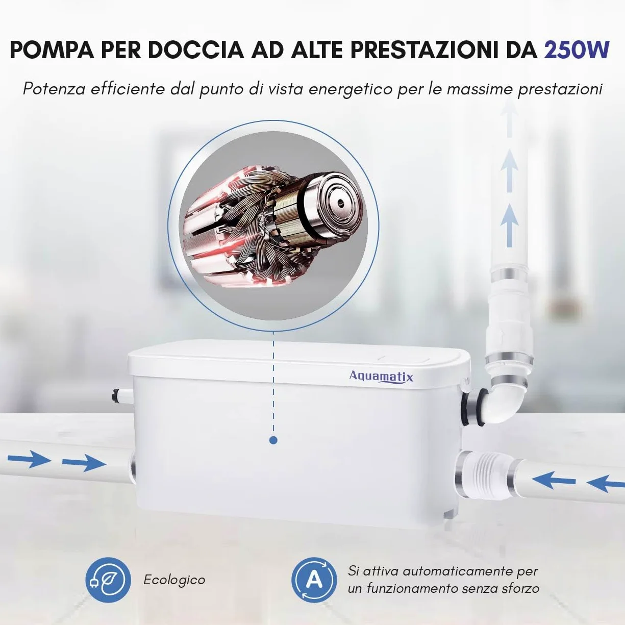 Aquamatix Pompa Doccia 250W Trituratore Pompa Maceratore 8m Distanza di pompaggio verticale 100L/min per docce, lavandini 2 ingressi
