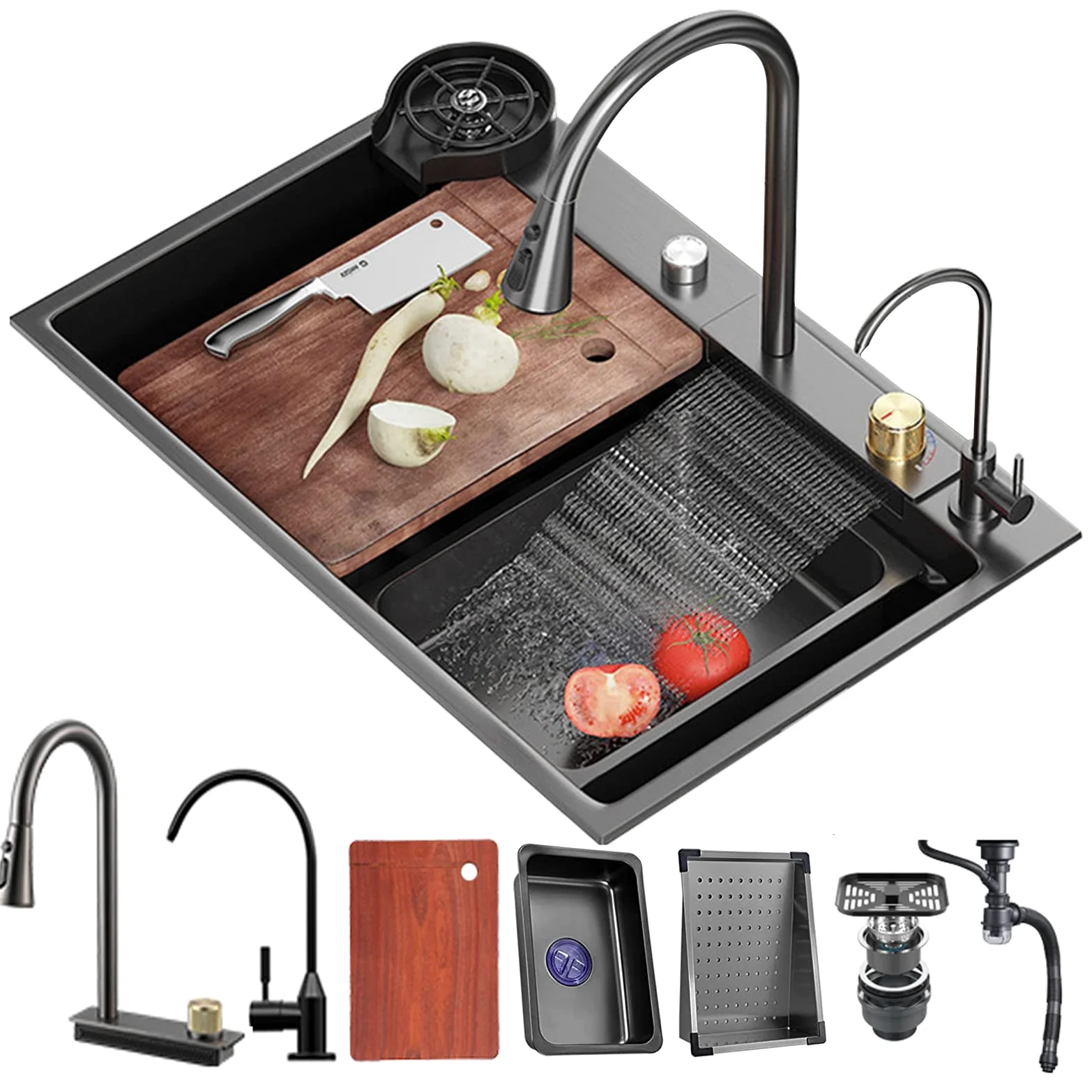 Lavello da cucina Cascata Raindance Nero Acciaio Inox Lavandino Cucina con Rubinetto estraibile con kit di scarico e filtro cestello