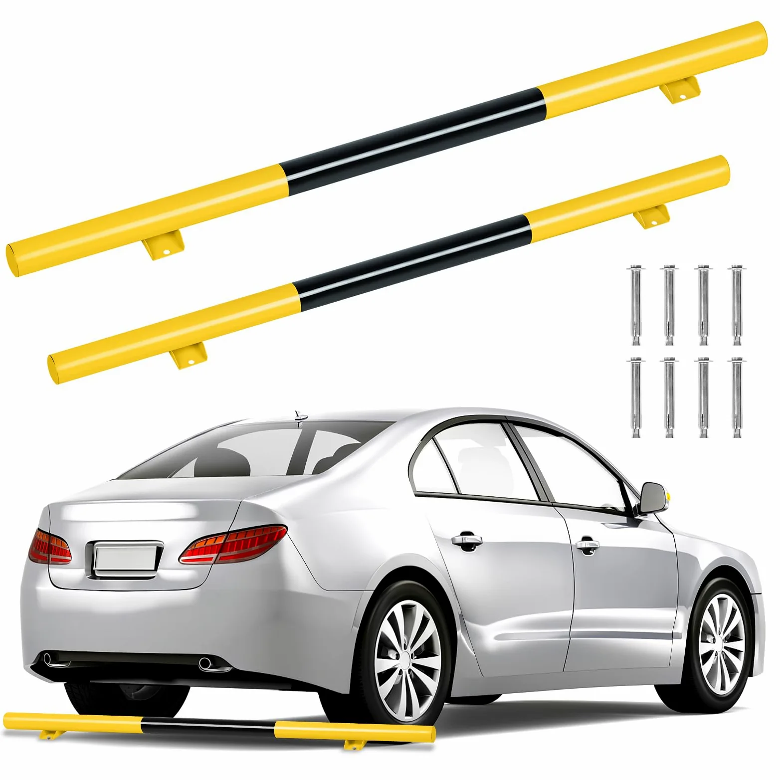 NAIZY Fermaruota 2 Pezzi in Metallo Limitatore di Parcheggio 180x8x9 cm Segnalazione di Parcheggio con Vite di Dilatazione Blocco Parcheggio Nero e Giallo Limitazione Parcheggio Ausilio per il