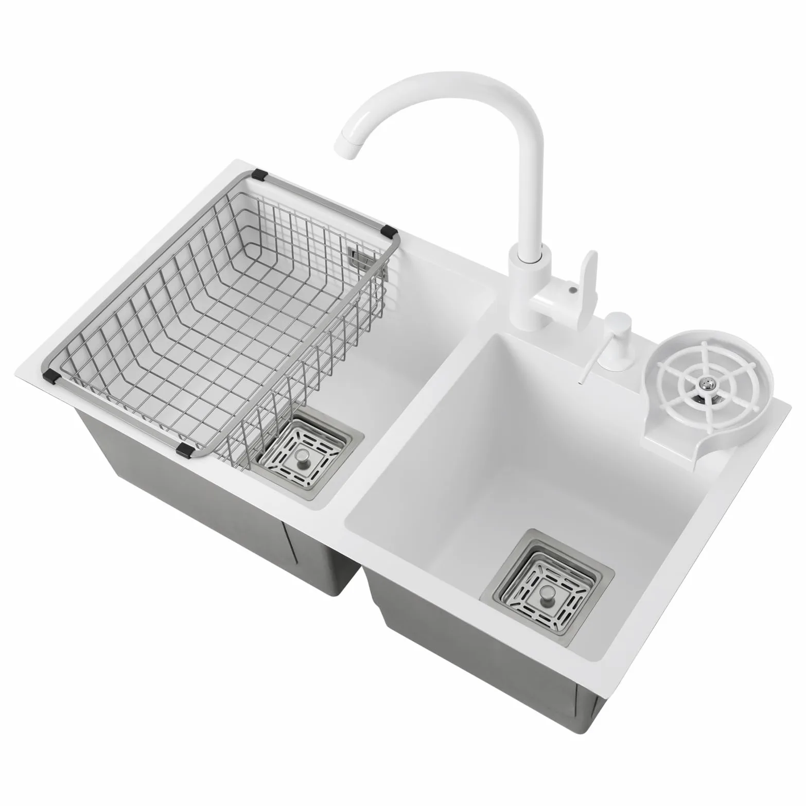 2 lavelli da cucina, 71 x 38 x 21 cm, colore bianco, in acciaio inox, con rubinetto per acqua calda e fredda, rettangolare, con sgocciolatoio, set di lavello da incasso, per appartamenti, ristoranti