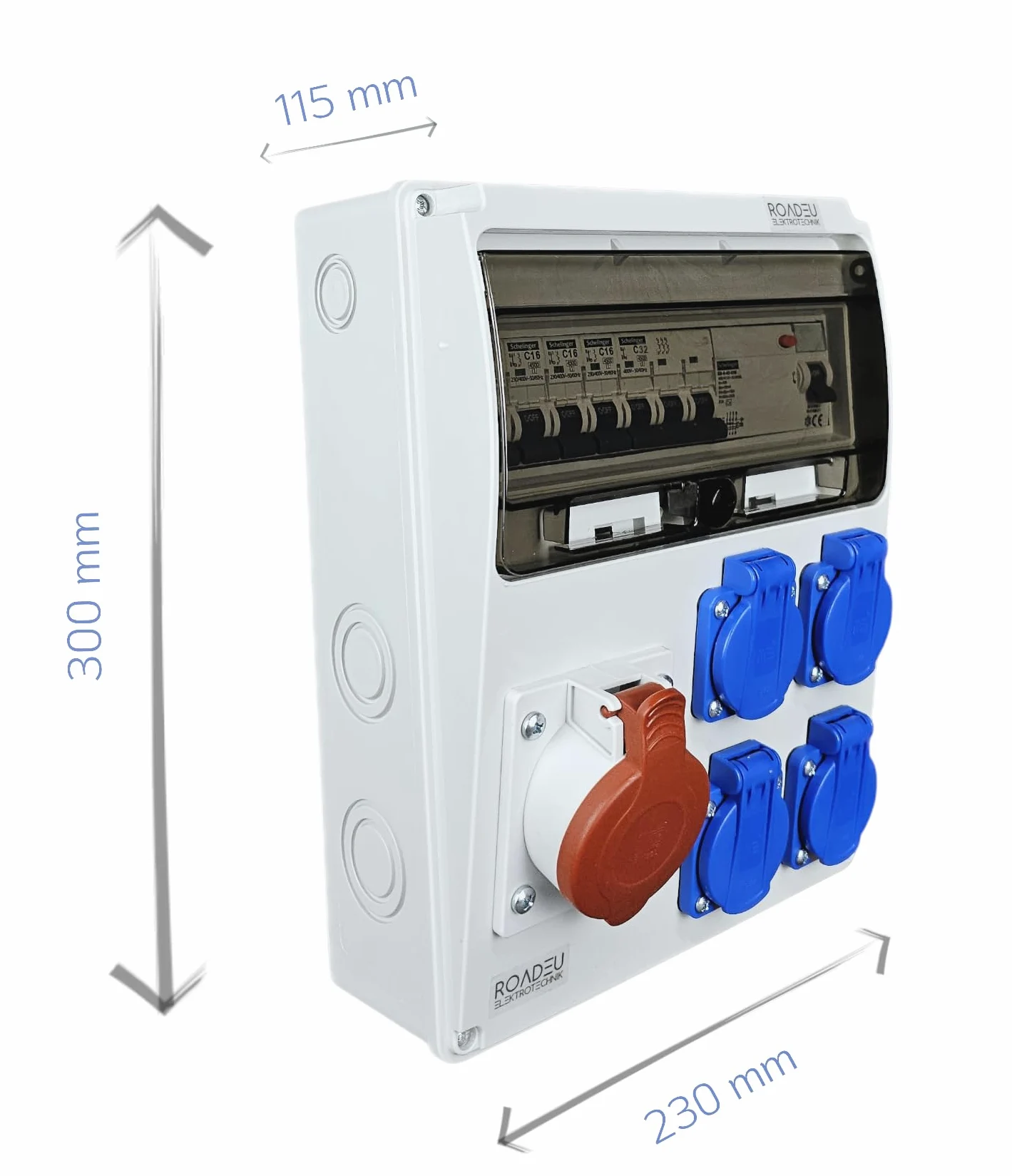 RoadEu- Quadro Elettrico di Distribuzione Industriale, presa CEE 32A con 4 prese Schuko da 230 V. Distributore di presa con interruttore di corrente residuale e interruttore automatico