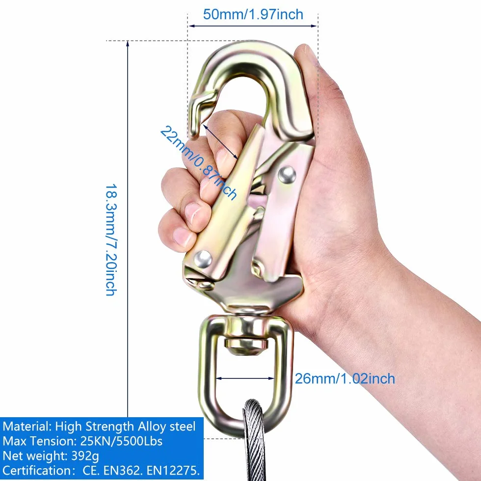 Outdoor Safety Rope,Kit di Corde in Acciaio,Corda di Sicurezza per Esterni da 12 mm x 3 m, Linea di inversione per Arrampicata sugli Alberi con moschettone a Triplo bloccaggiobassa Elasticità