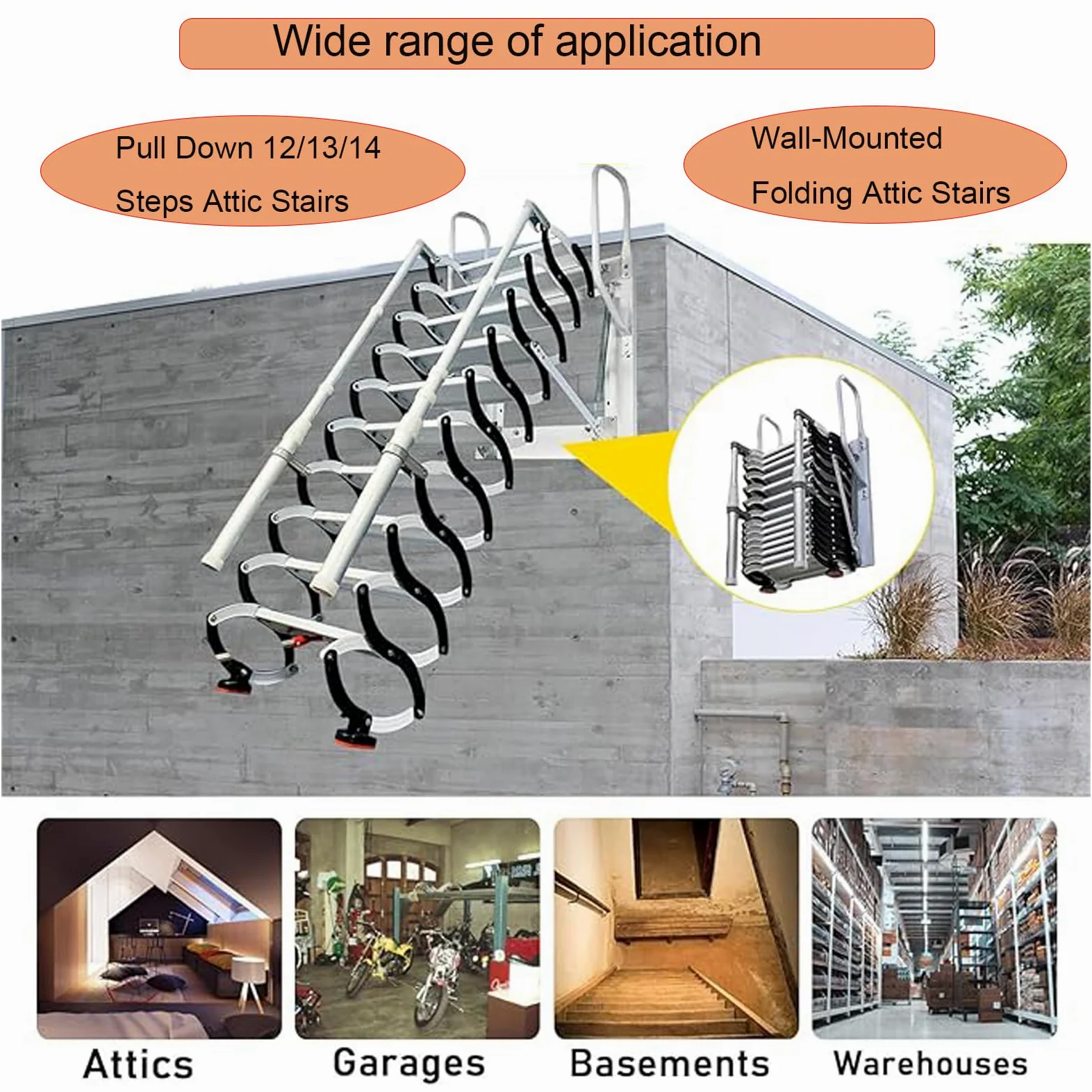 11 gradini Scale accesso sottotetto, Scala pieghevole mansarda soffitta, Scala retrattile a muro con,scala soppalco braccioli, portata 350 kg, Adatto per ripostigli, cantine e garage (11 gradini)