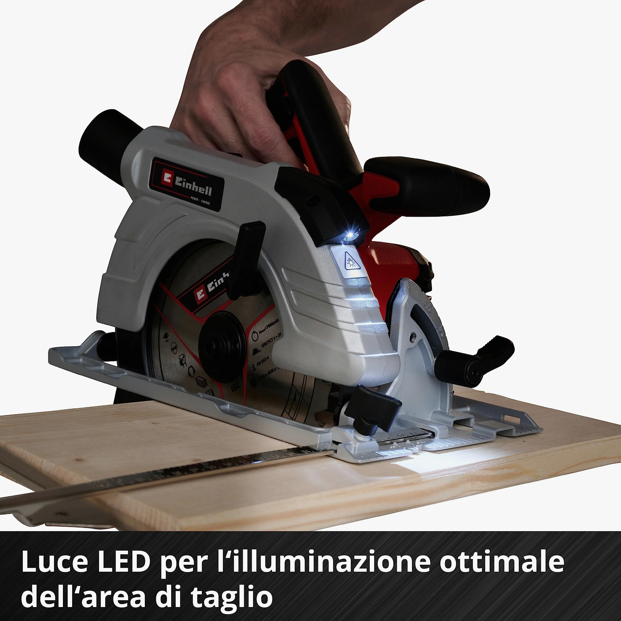 Einhell Sega circolare a batteria TE-CS 18/190 Li BL - Solo Power X-Change (18V, giri al min. 3800, lama Ø190 x Ø20,taglio max 65 mm, luce led, senza batteria e caricabatteria)