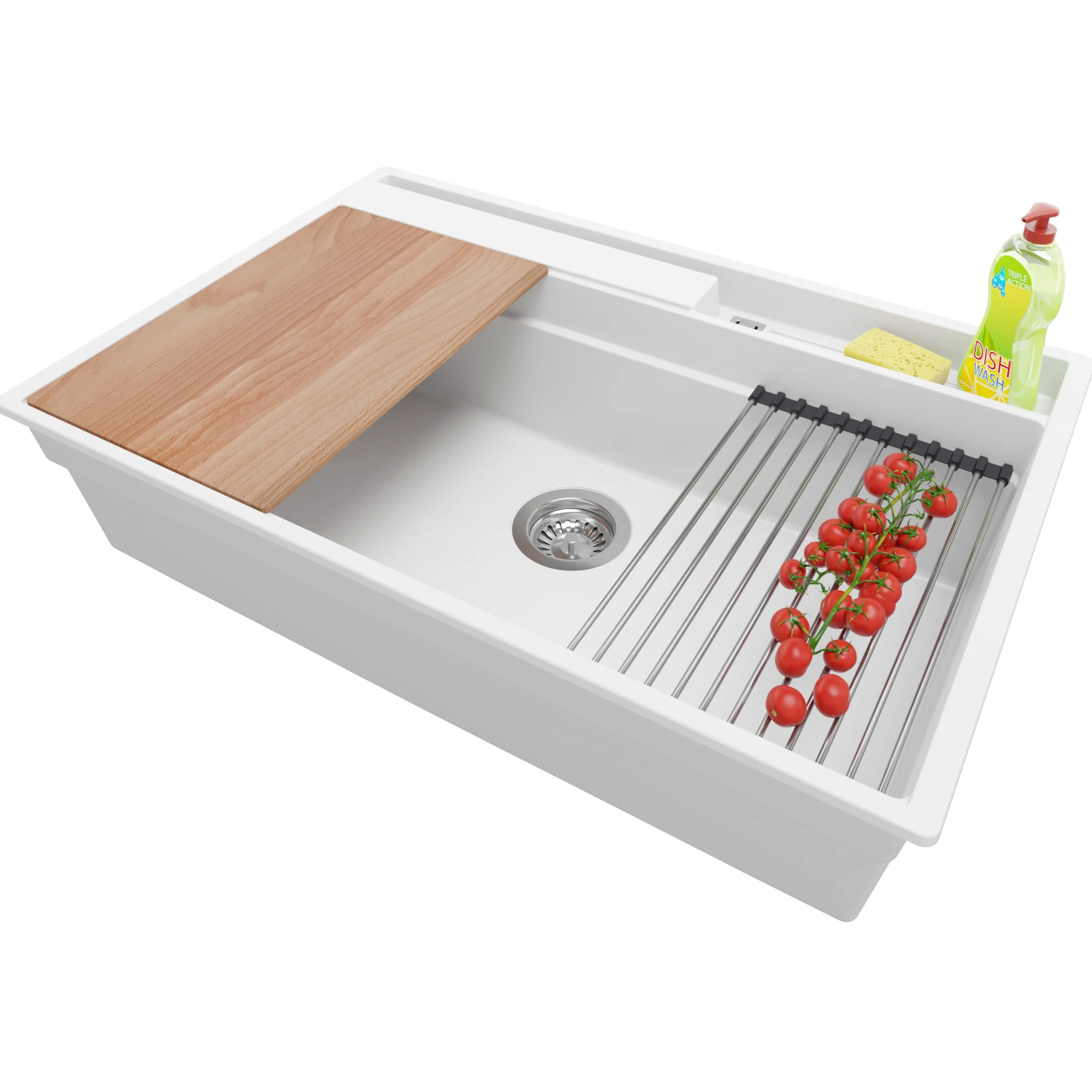 PRIMAGRAN Lavello da Cucina Bianco 78x53cm, Lavandino in Granito a 1 vasca + Sifone Classico, Lavabo da Cucina Incasso al Mobile 80cm - Oslo Pocket S336