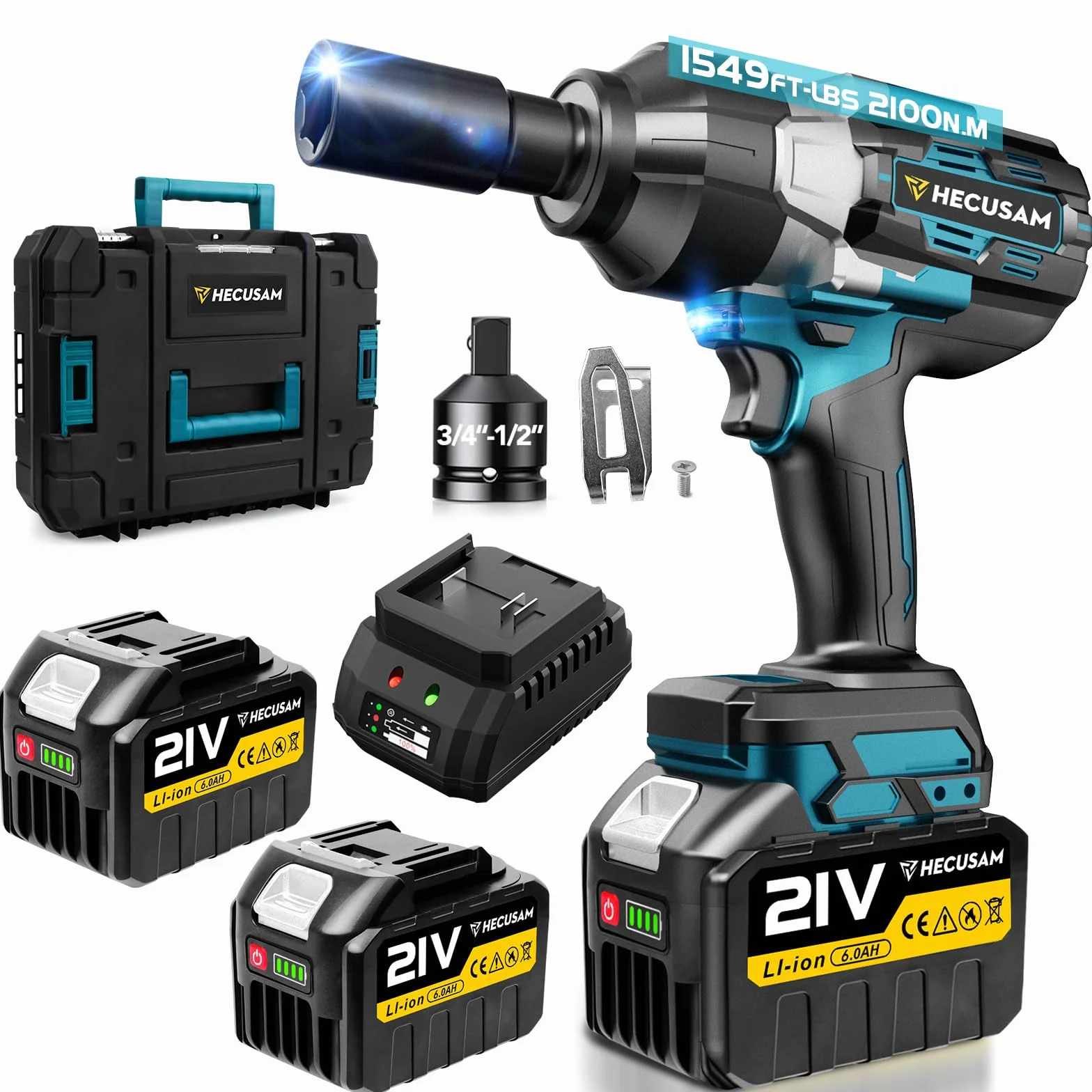 Avvitatore A Impulsi Senza Filo, 2100 Nm Di Coppia Massima, Chiave A Percussione 3/4" Con Due Batterie Da 6000mah, Adattatore Da 1/2 Pollici, Caricatore Rapido, Auto Familiare/macchine pesanti
