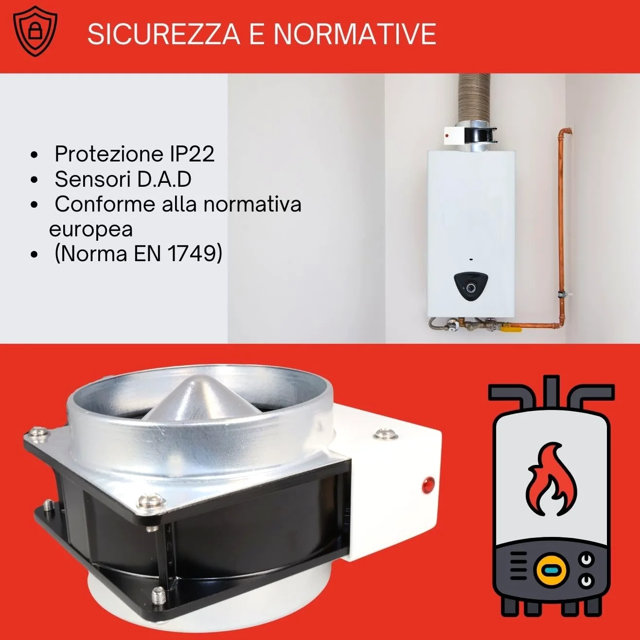 GOLDMAN SERVICE | Kit Evacuazione Fumo per Caldaie e Riscaldatori a Gas ACS | Ventilatore Tiro Forzato con Deflettore e Sensore di Sicurezza | 19 W 220 V