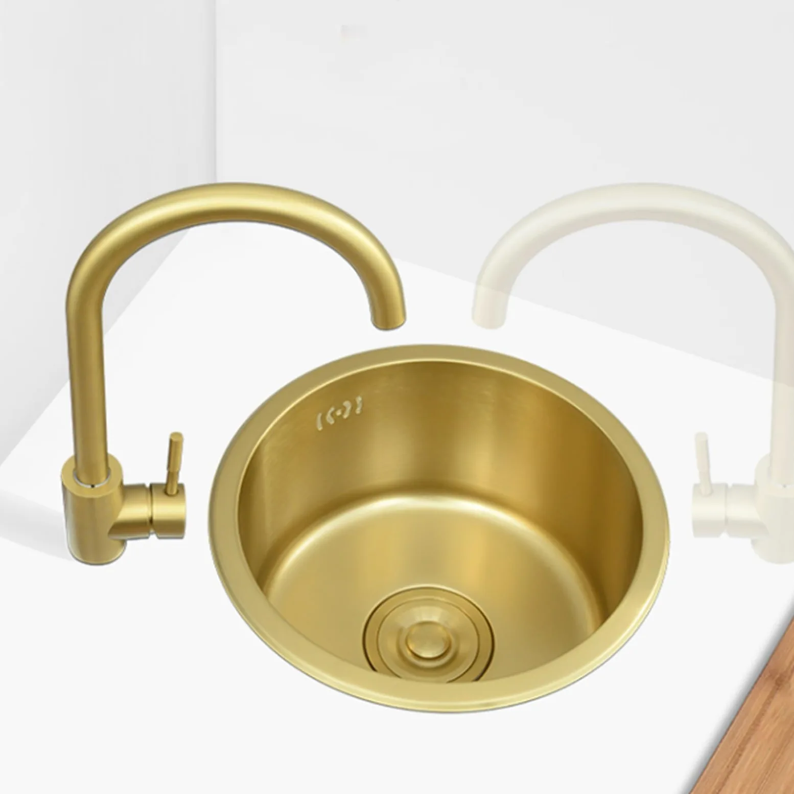 Lavello Tondo Da Cucina Lavello Oro Lavello Piccolo Acciaio Inox 304 Lavello Sottopiano Rubinetto Oro Accessori Completi (40CM)