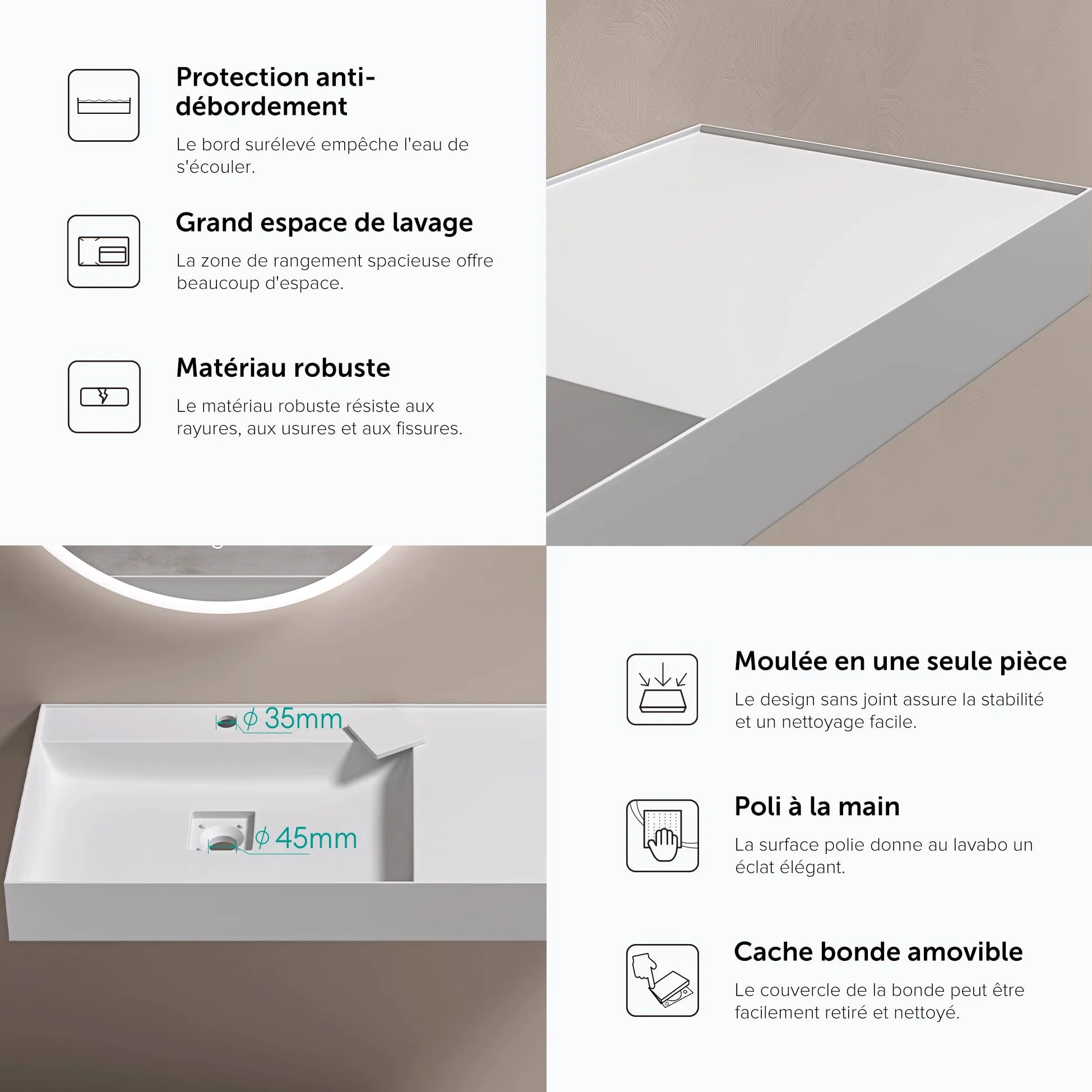 doporro Lavabo Bagno Sospeso 120 cm Rettangolare in Resina Bianco Opaco con Vasca Integrata Centrale e Piletta Inclusa – Colossum630