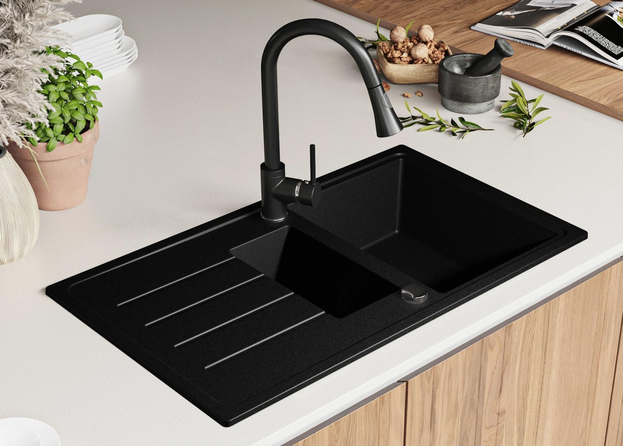 PRIMAGRAN Lavandino da Cucina Nero 90x50cm, Lavello in Granito a 1,5 vasche + Rubinetto 40x38cm + Set di accessori, Lavabo da Cucina Incasso al Mobile 60cm - Copenhagen Duo S027