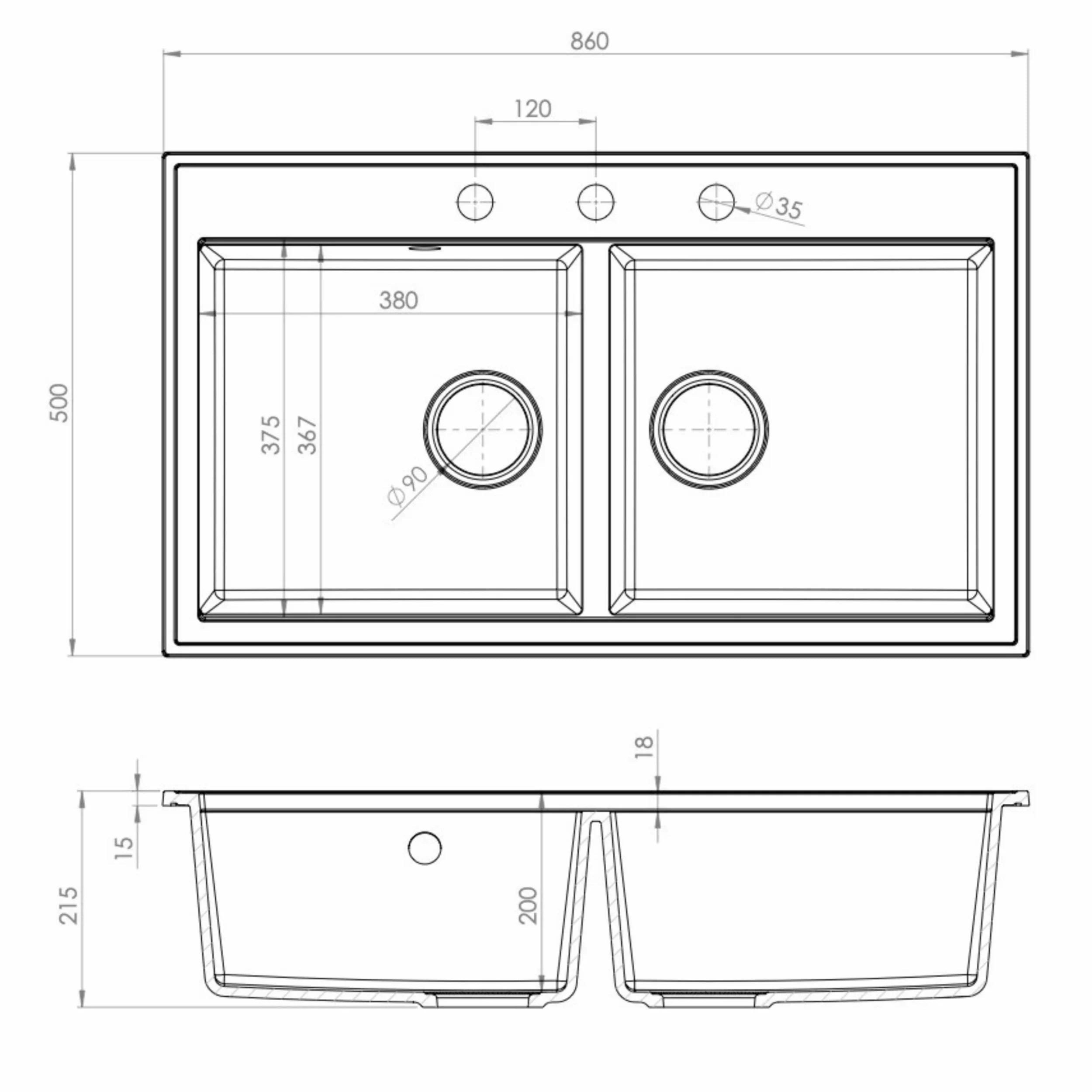 SINK QUALITY Lavello doppio nero 86 x 50 cm, doppio lavello con sifone e impregnante, lavello in granito 2 vasche – lavello da cucina a partire da mobile sottolavello da 85 cm