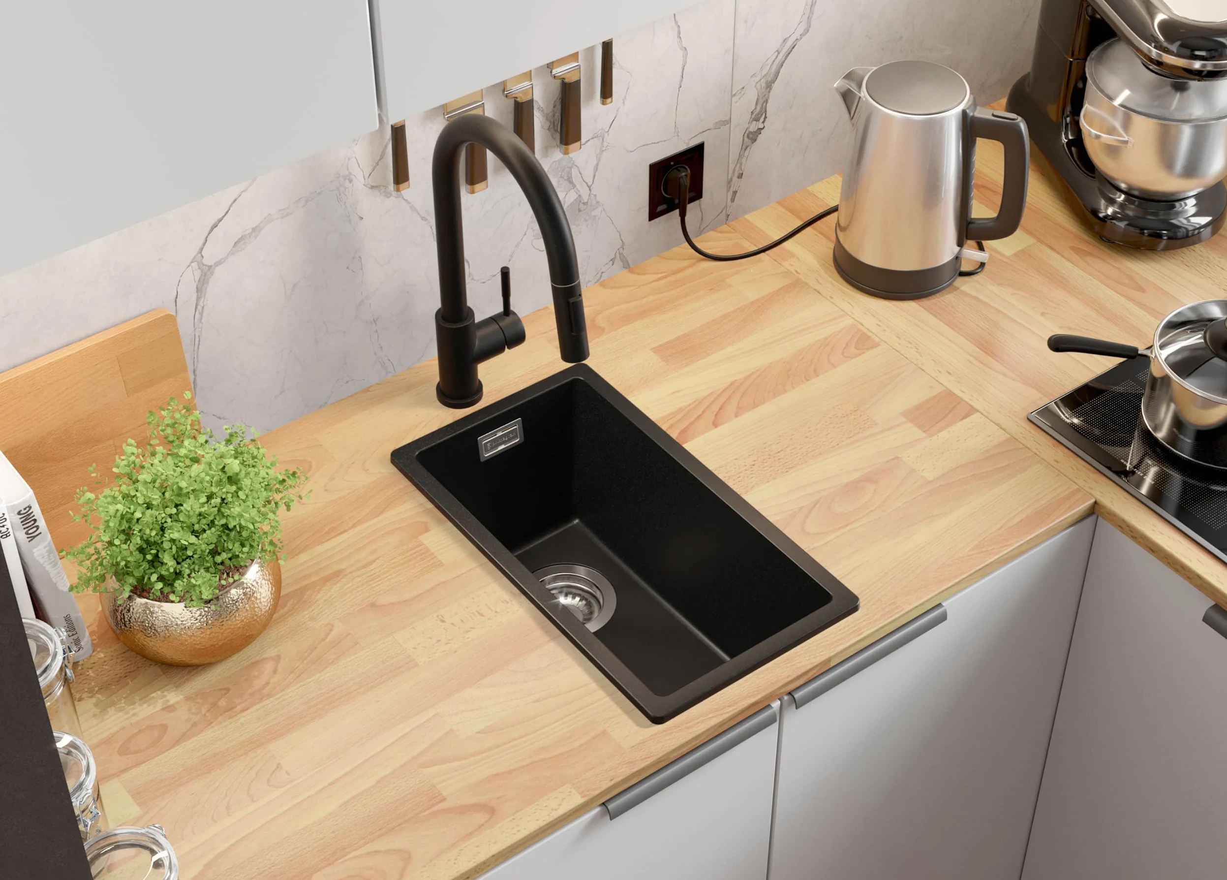PRIMAGRAN Lavello da Cucina Nero 26x47cm, Lavandino in Granito a 1 vasca + Sifone Classico, Lavabo da Cucina Incasso al Mobile 30cm - London Slim S001