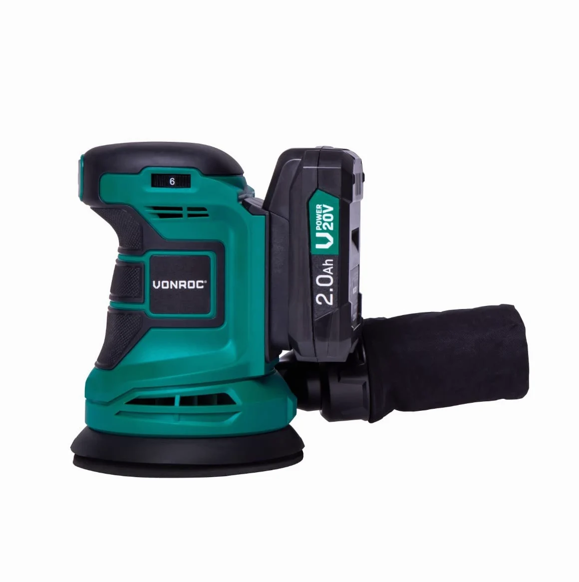 VONROC Levigatrice orbitale VPOWER 20V - Ø125mm. Include 2 batterie da 2.0Ah, caricabatterie, sacchetto raccolta polvere e 12 pezzi di carta abrasiva