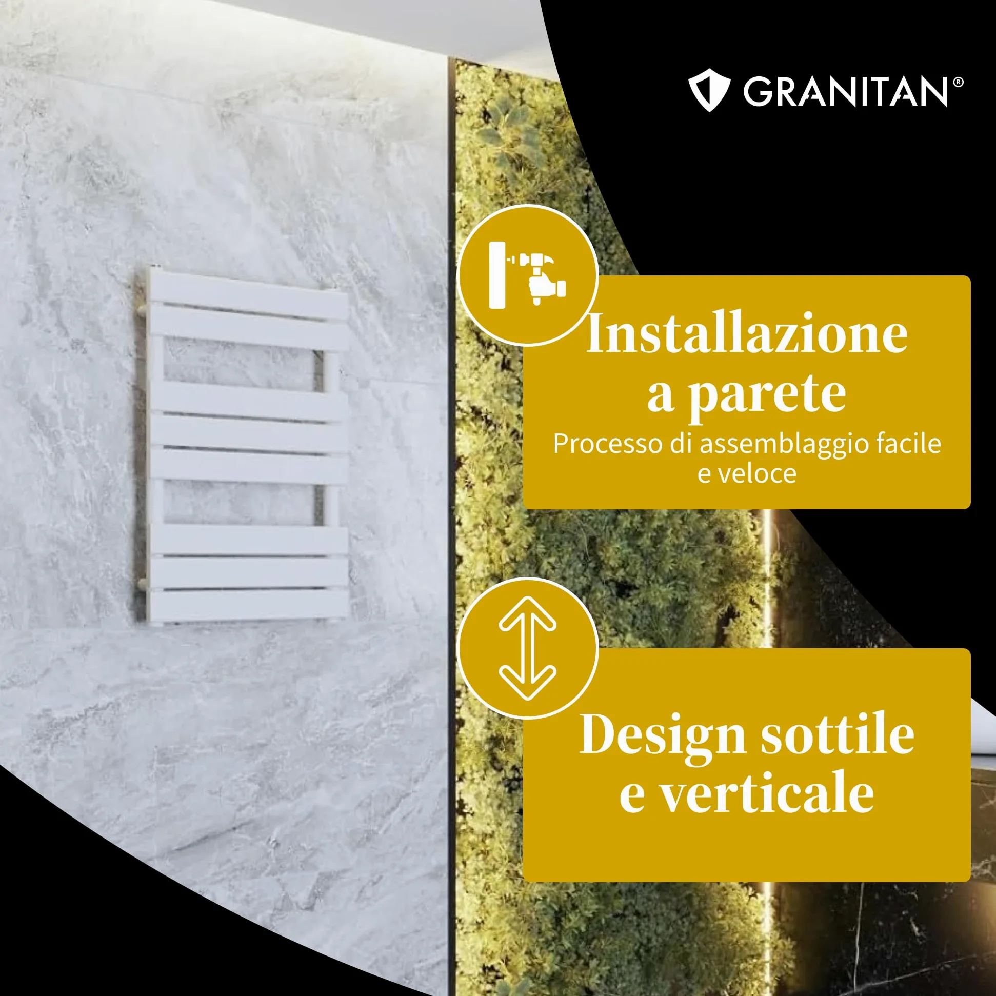 Granitan Termoarredo Bagno 80x45 cm - 407W - Termo Arredo da Bagno - Termoarredo Idraulico - Termosifone da Parete - Nero