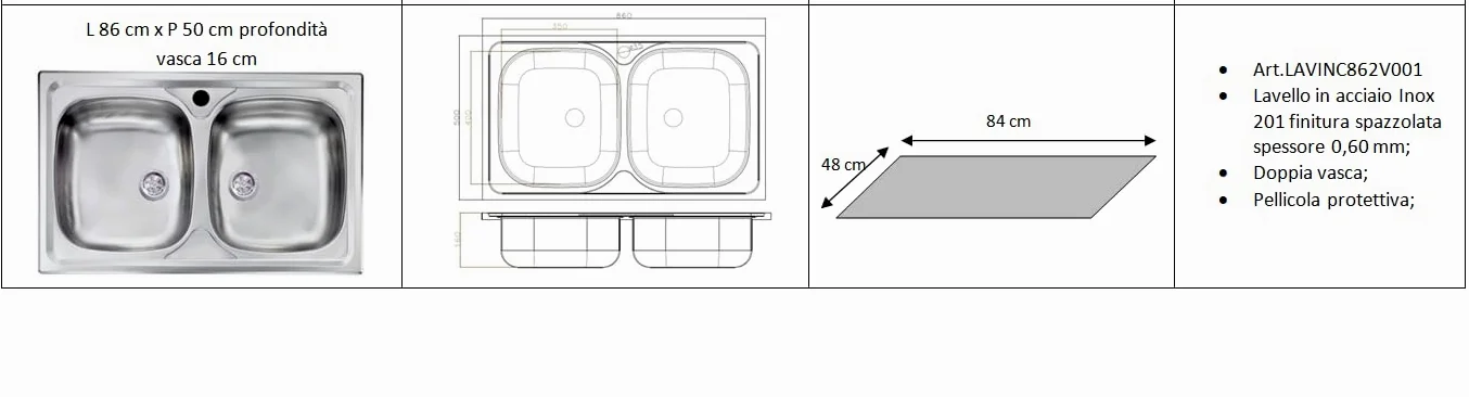 MABEL Lavello Cucina 2 Vasche Lavandino Cucina Lavello Incasso Acciaio Inox 201 con Finitura Spazzolata Facile da Pulire Lavabo Cucina Profondità Vasche 16 cm - L 86 cm x P 50 cm