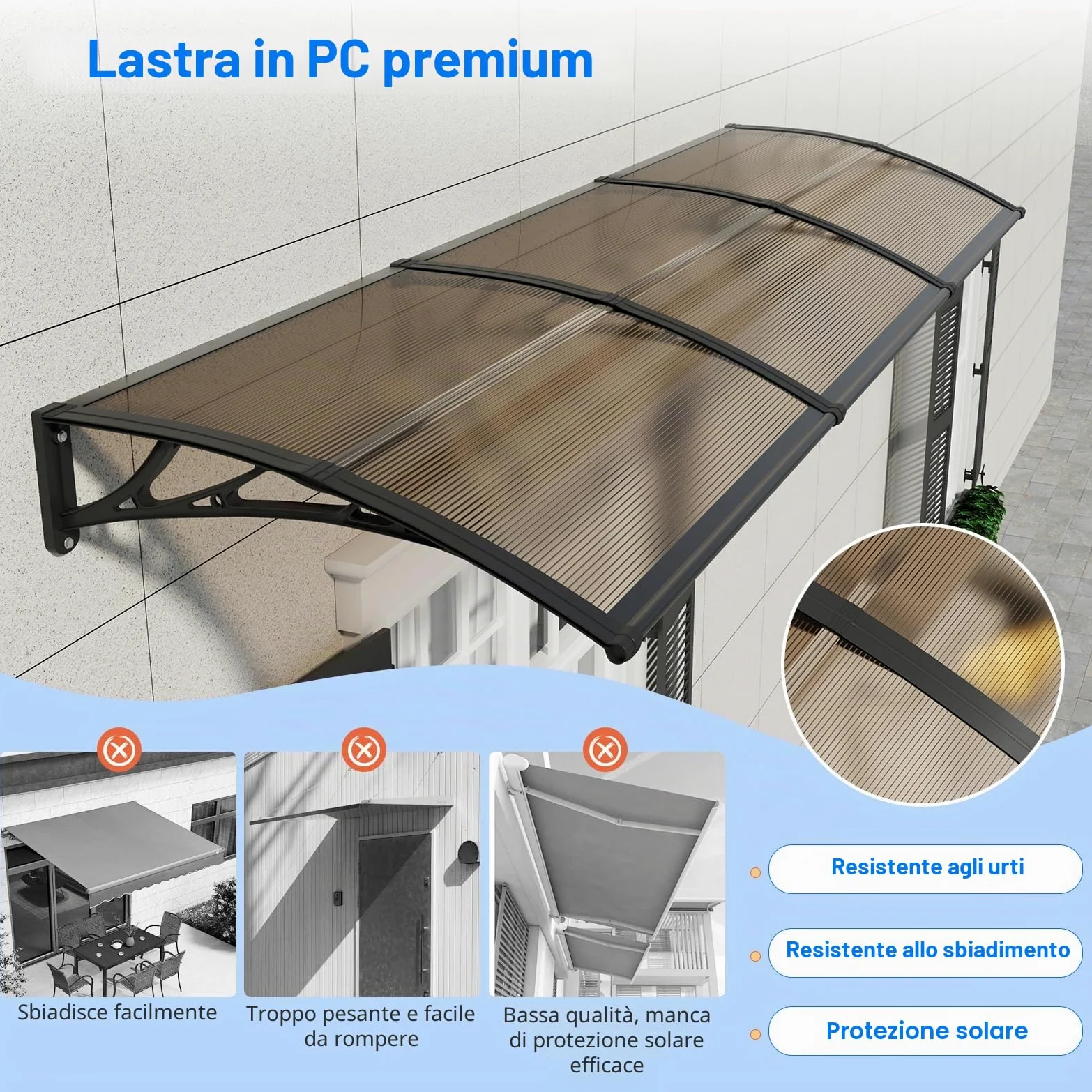 Pensilina Tettoia per Porta Balcone Esterno 200x100 cm in Policarbonato,Baldacchino Tetto per Finestra e Veranda, con Protezione UV, Antipioggia e Antineve